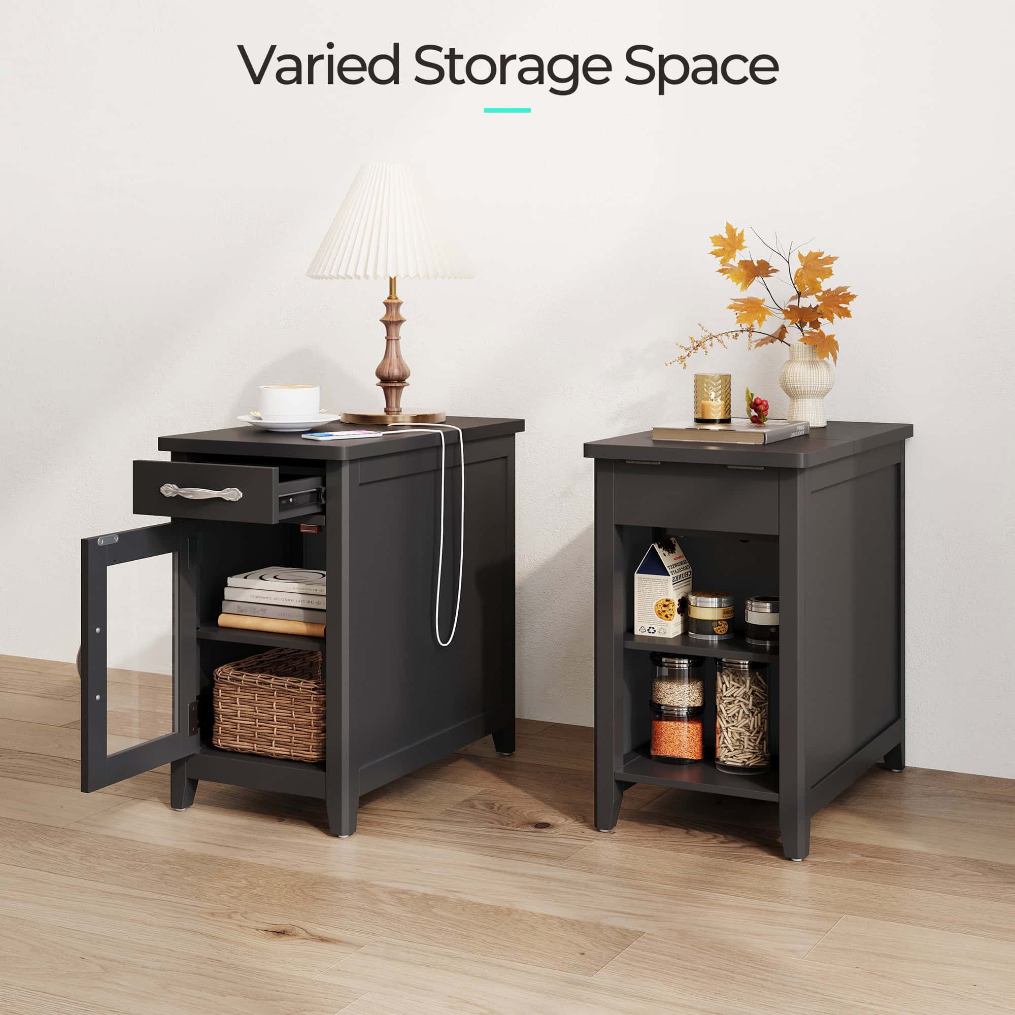 LINSY HOME End Tables for Living Room with Charging Station, Nightstand for Bedroom with Drawer and Detachable Holder,Black