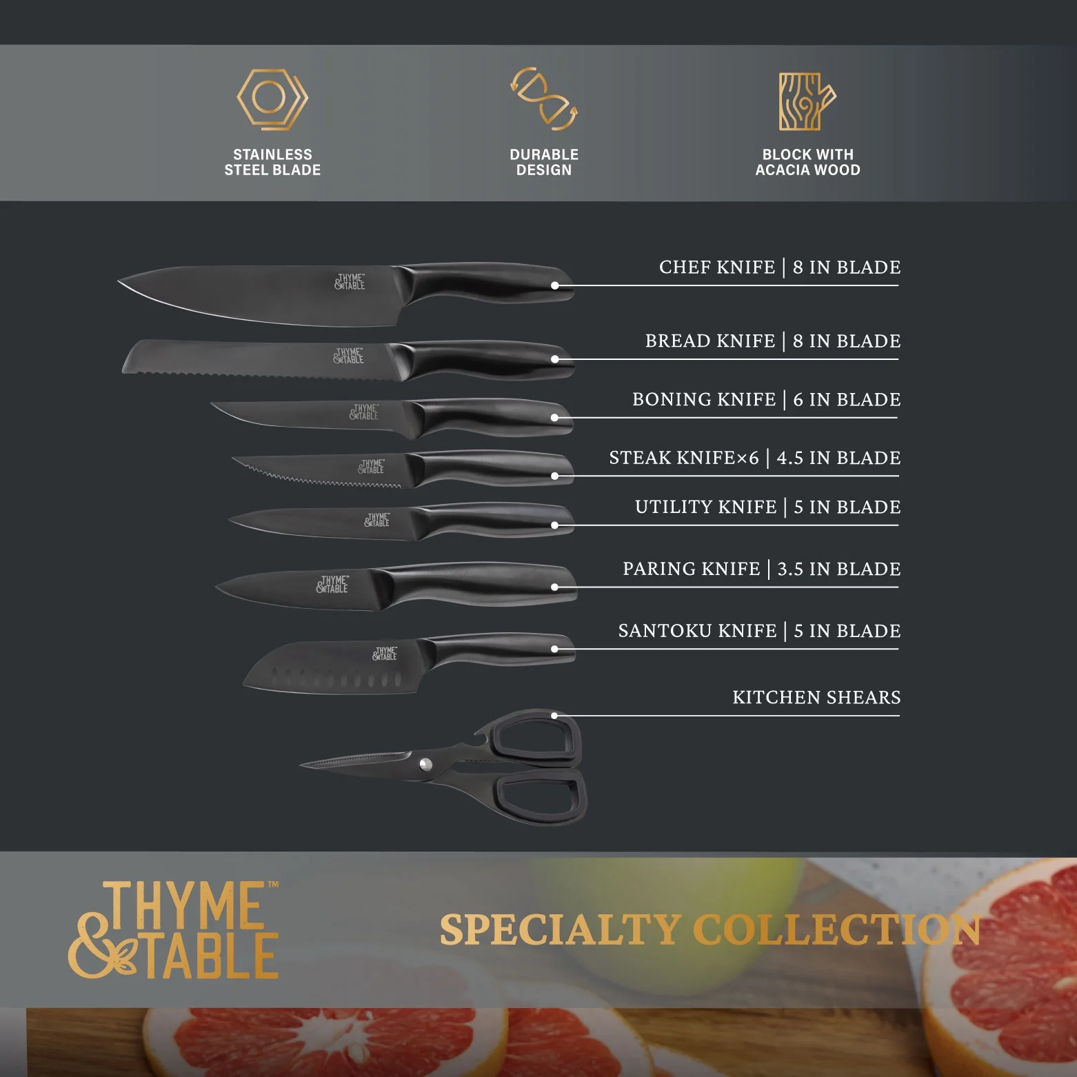 Thyme & Table 15-Piece Knife Block set with Sharpener, Gunmetal