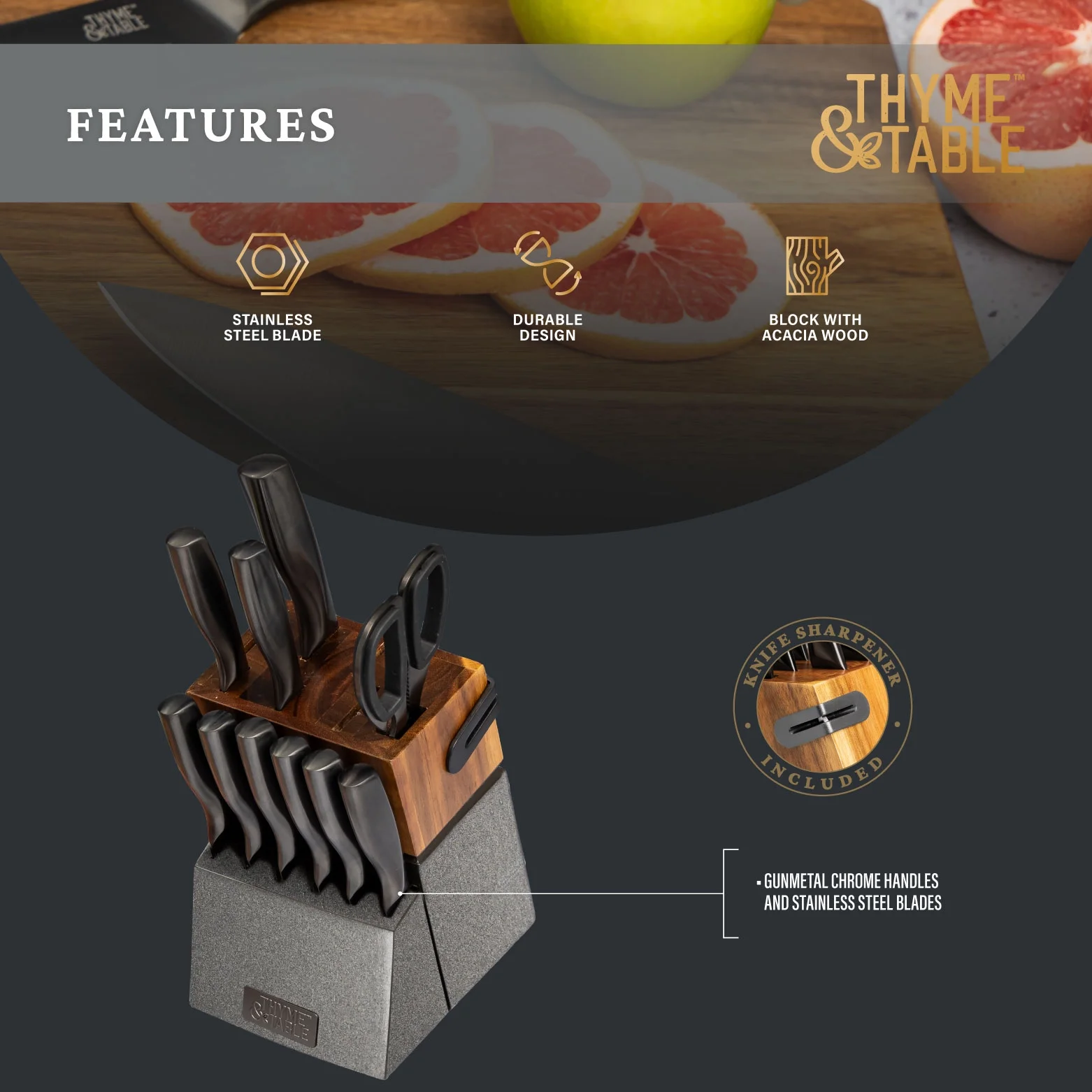 Thyme & Table 15-Piece Knife Block set with Sharpener, Gunmetal