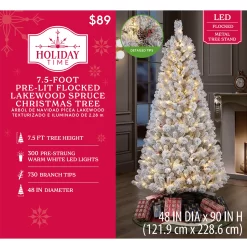 Holiday Time 7.5ft Pre-Lit Flocked Lakewood Spruce Artificial Christmas Tree, Green, 300 LED