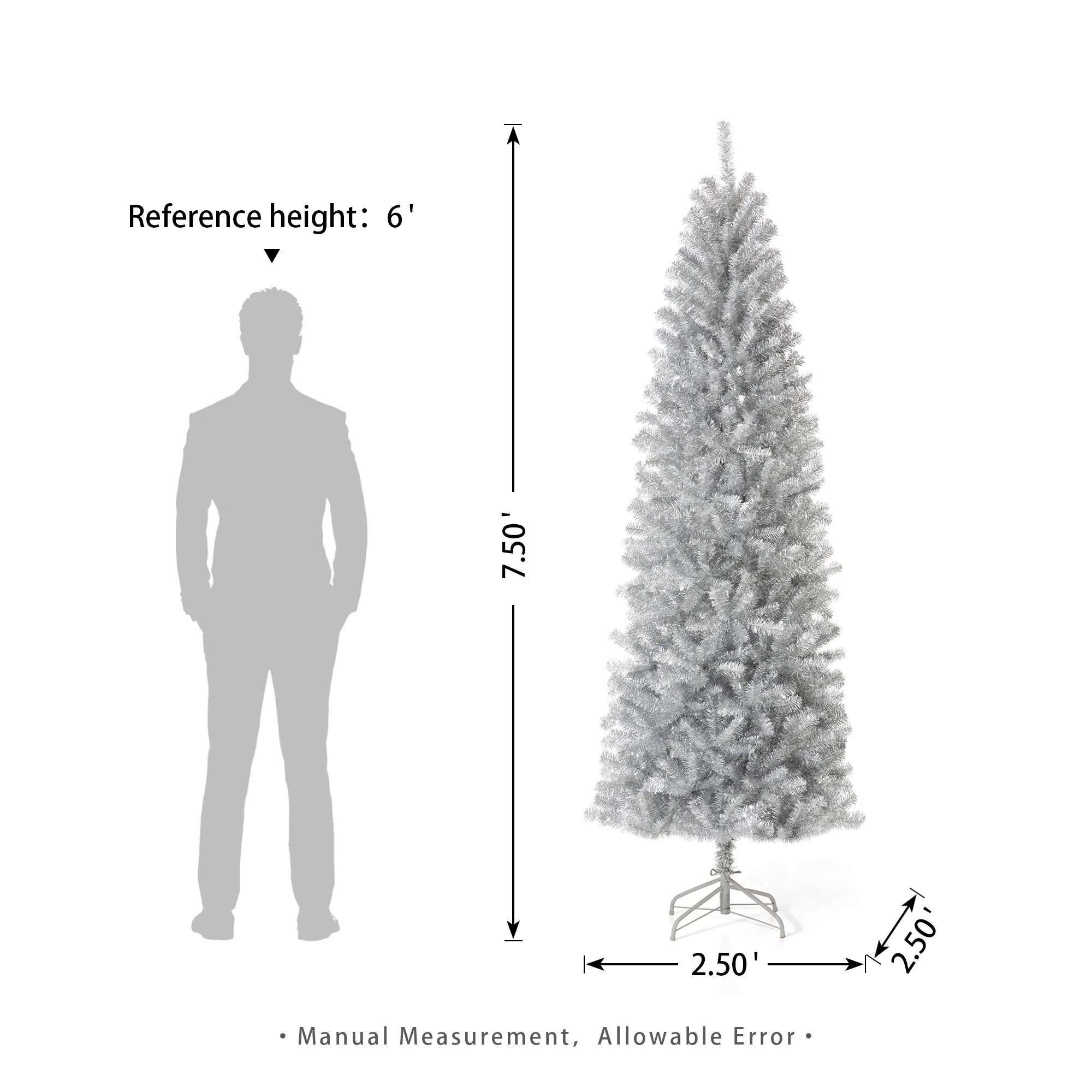 Glitzhome 7.5-ft Silver Tinsel Artificial Christmas Tree - Full Shape - Green - Standard Size - 1188 PVC Tips