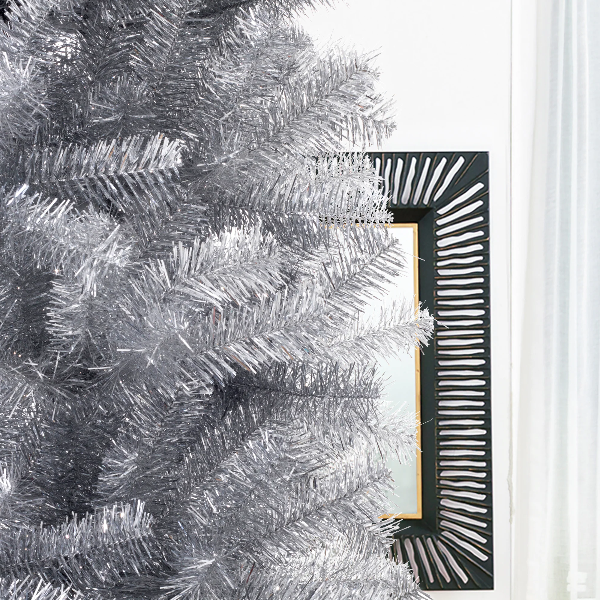 Glitzhome 7.5-ft Silver Tinsel Artificial Christmas Tree - Full Shape - Green - Standard Size - 1188 PVC Tips