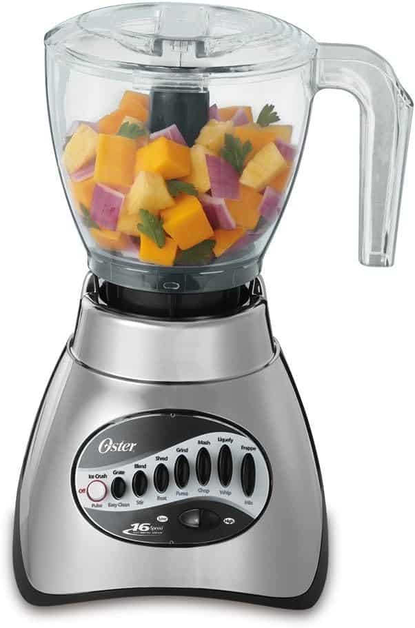 Oster Classic Series 16 Speed Blender with Food Chopper and Glass Jar, Brushed Nickel
