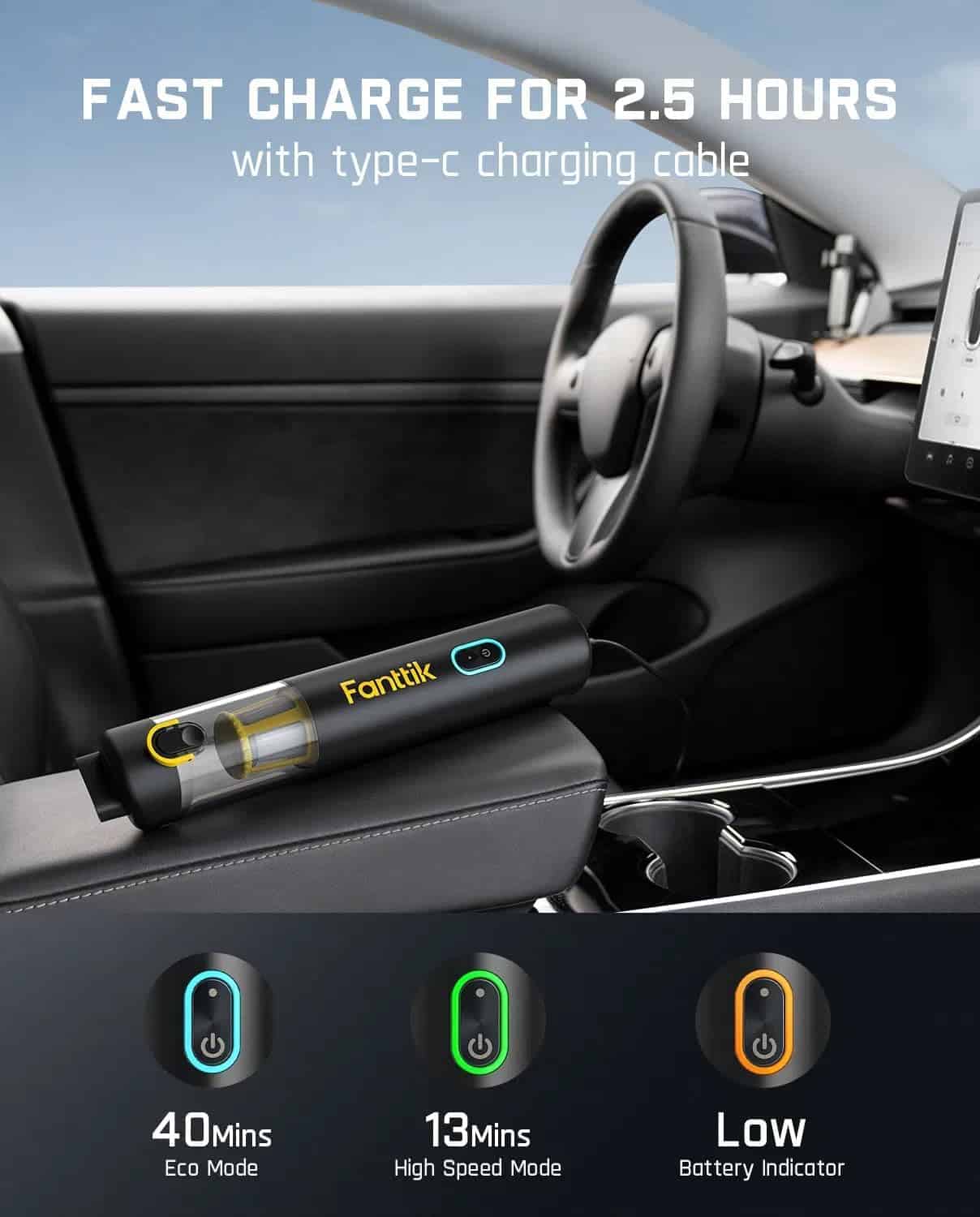 Fanttik Slim V8 Apex Cordless Car Vacuum, 19000PA Suction Power, 4 in 1 Portable Mini Vacuum, Type-C Charge, Black