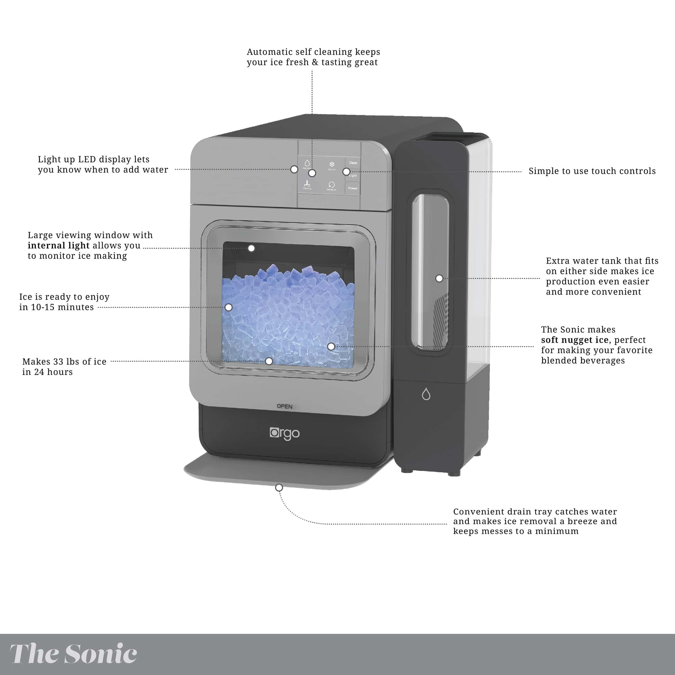 Orgo Products The Sonic Countertop Ice Maker, Nugget Ice Types, 33 lbs of Ice, Charcoal