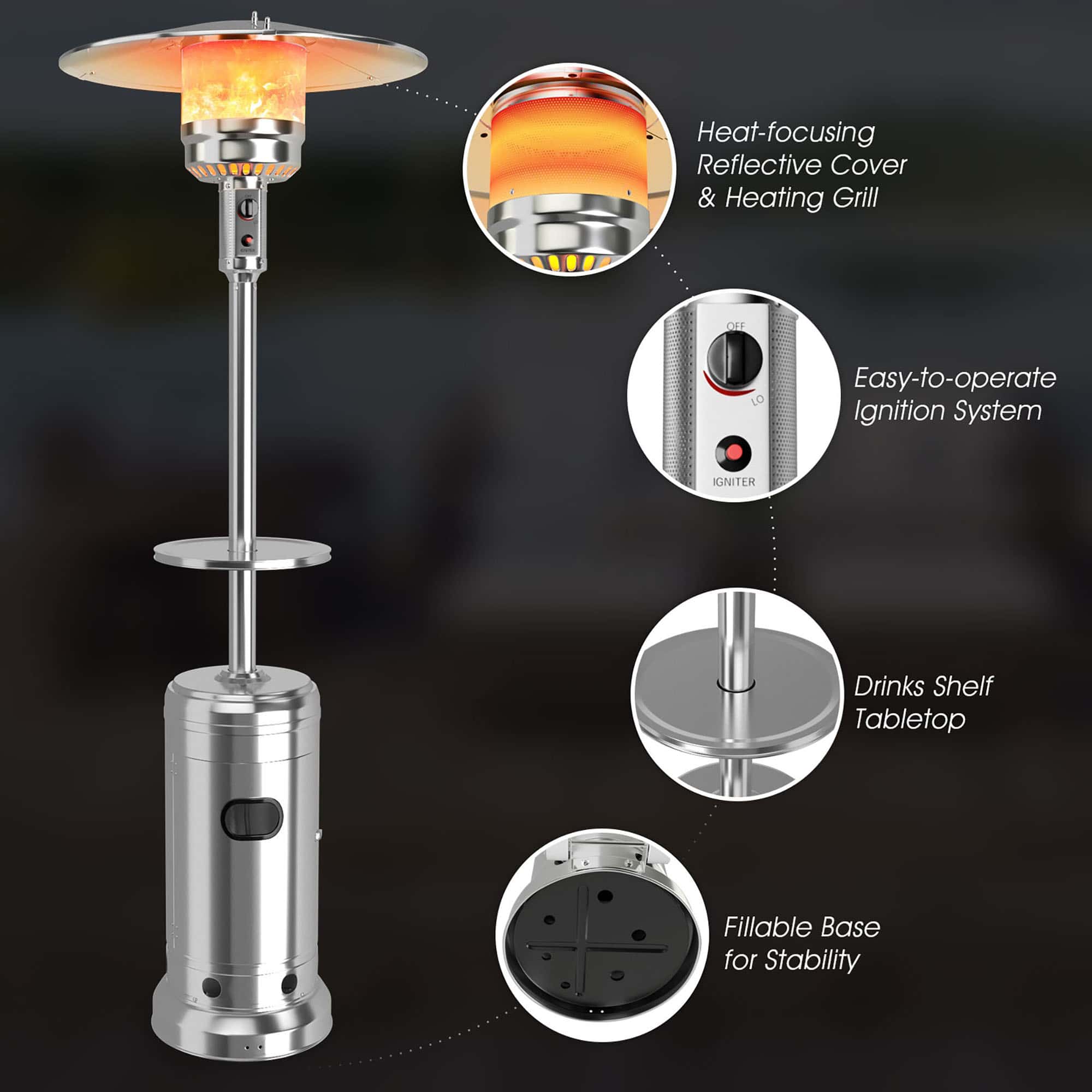 CASAINC 48000-BTU Silver Steel Floorstanding Liquid Propane Patio Heater