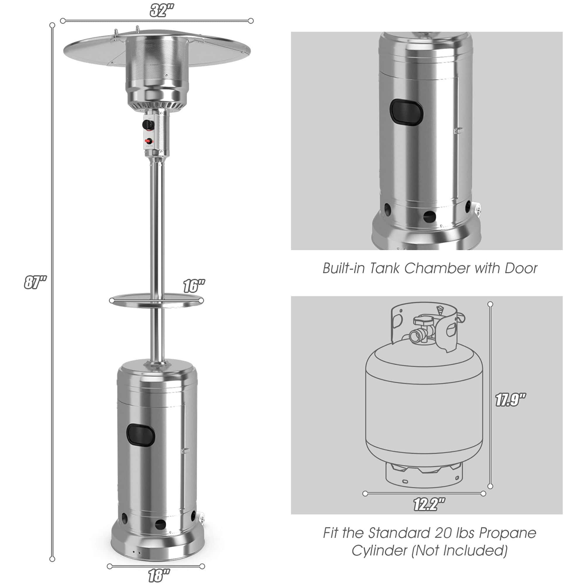CASAINC 48000-BTU Silver Steel Floorstanding Liquid Propane Patio Heater