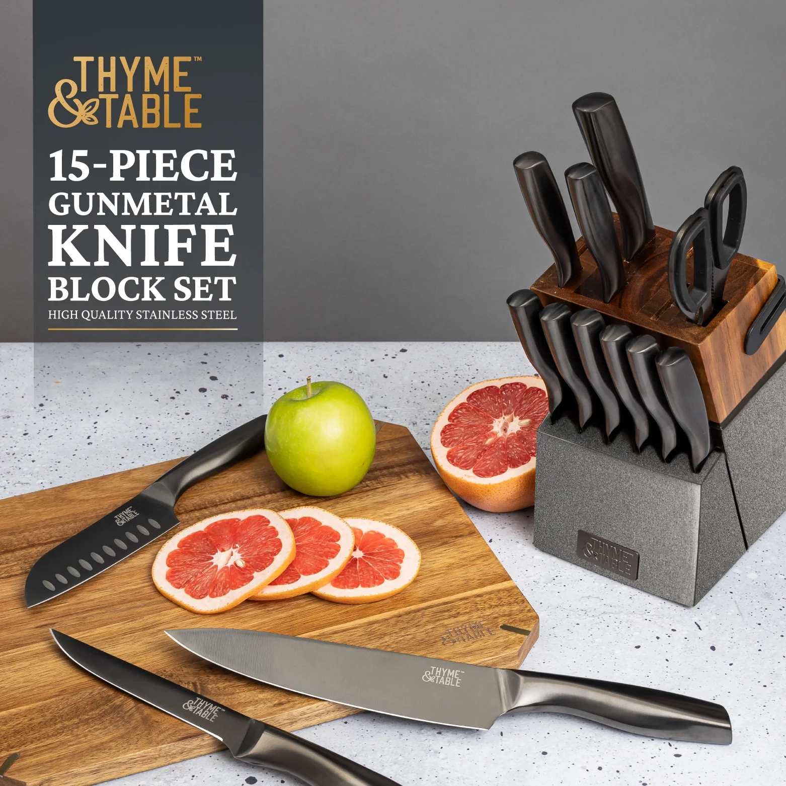 Thyme & Table 15-Piece Knife Block set with Sharpener, Gunmetal