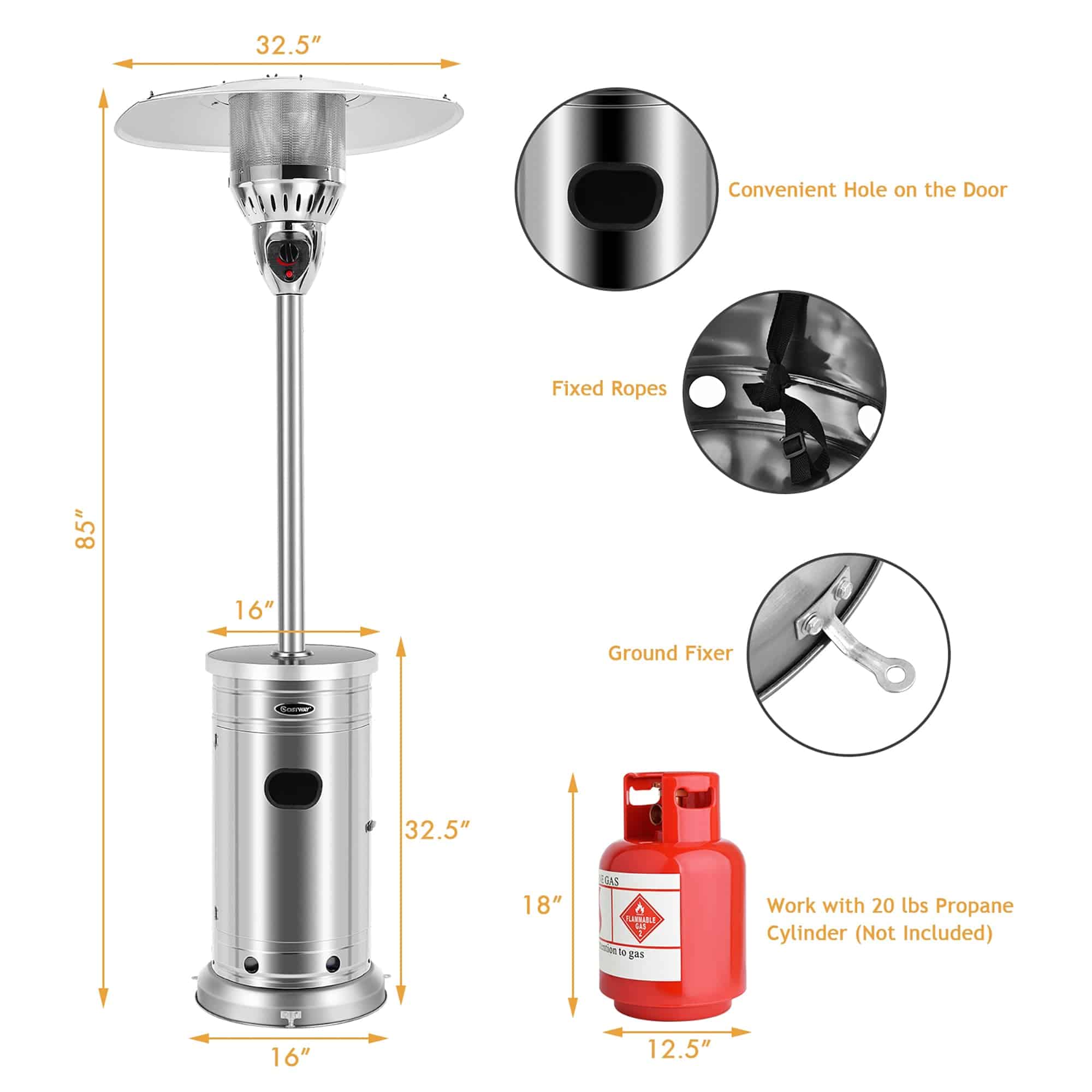 CASAINC 48000-BTU Silver Steel Floorstanding Liquid Propane Patio Heater