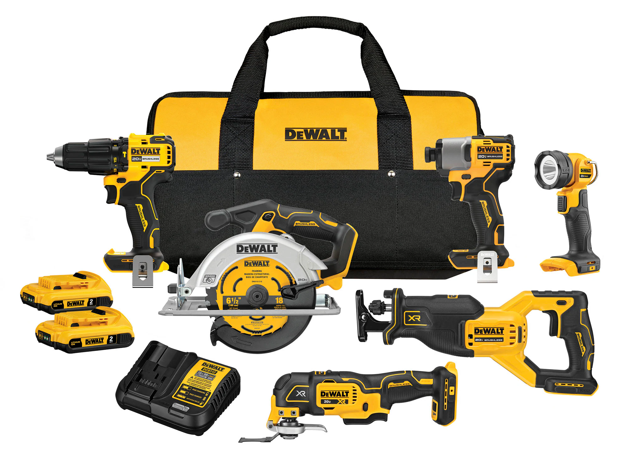 DEWALT 20V MAX 6-Tool Brushless Power Tool Combo Kit with Soft Case (2-Batteries and Charger Included)
