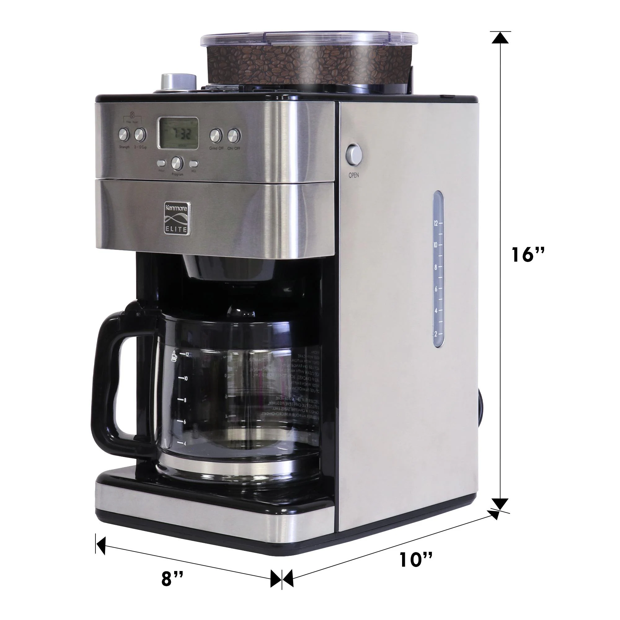 Kenmore Elite Grind and Brew Programmable 12-Cup Programmable Drip Coffee Maker with Automatic Shut-off (Stainless Steel and Black)