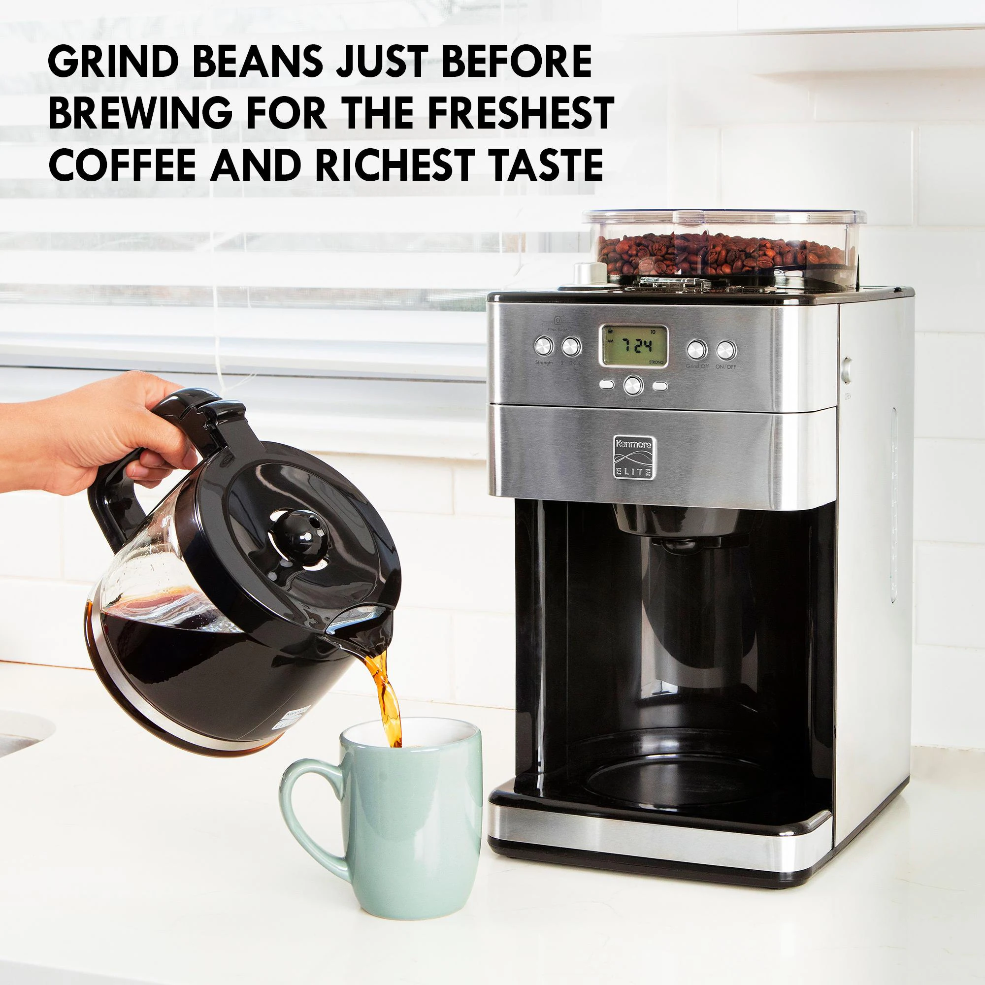 Kenmore Elite Grind and Brew Programmable 12-Cup Programmable Drip Coffee Maker with Automatic Shut-off (Stainless Steel and Black)