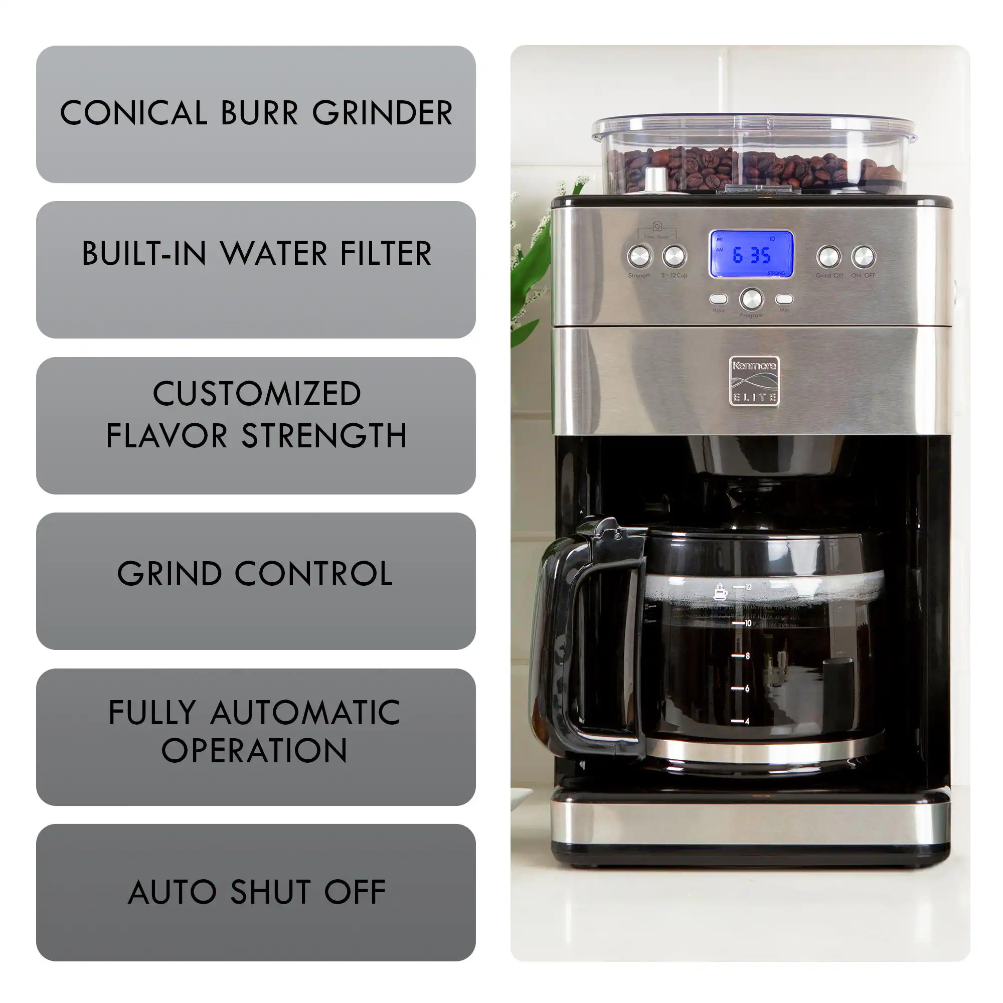 Kenmore Elite Grind and Brew Programmable 12-Cup Programmable Drip Coffee Maker with Automatic Shut-off (Stainless Steel and Black)