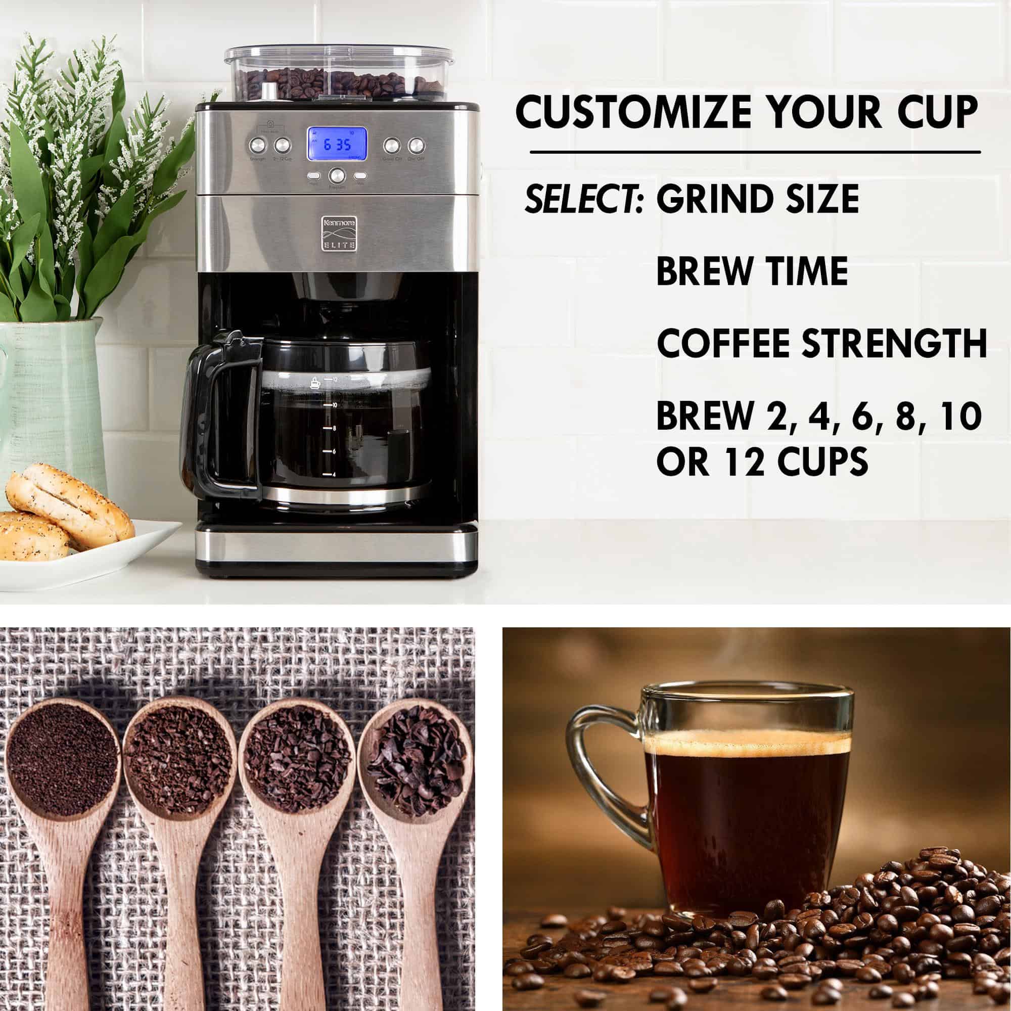 Kenmore Elite Grind and Brew Programmable 12-Cup Programmable Drip Coffee Maker with Automatic Shut-off (Stainless Steel and Black)