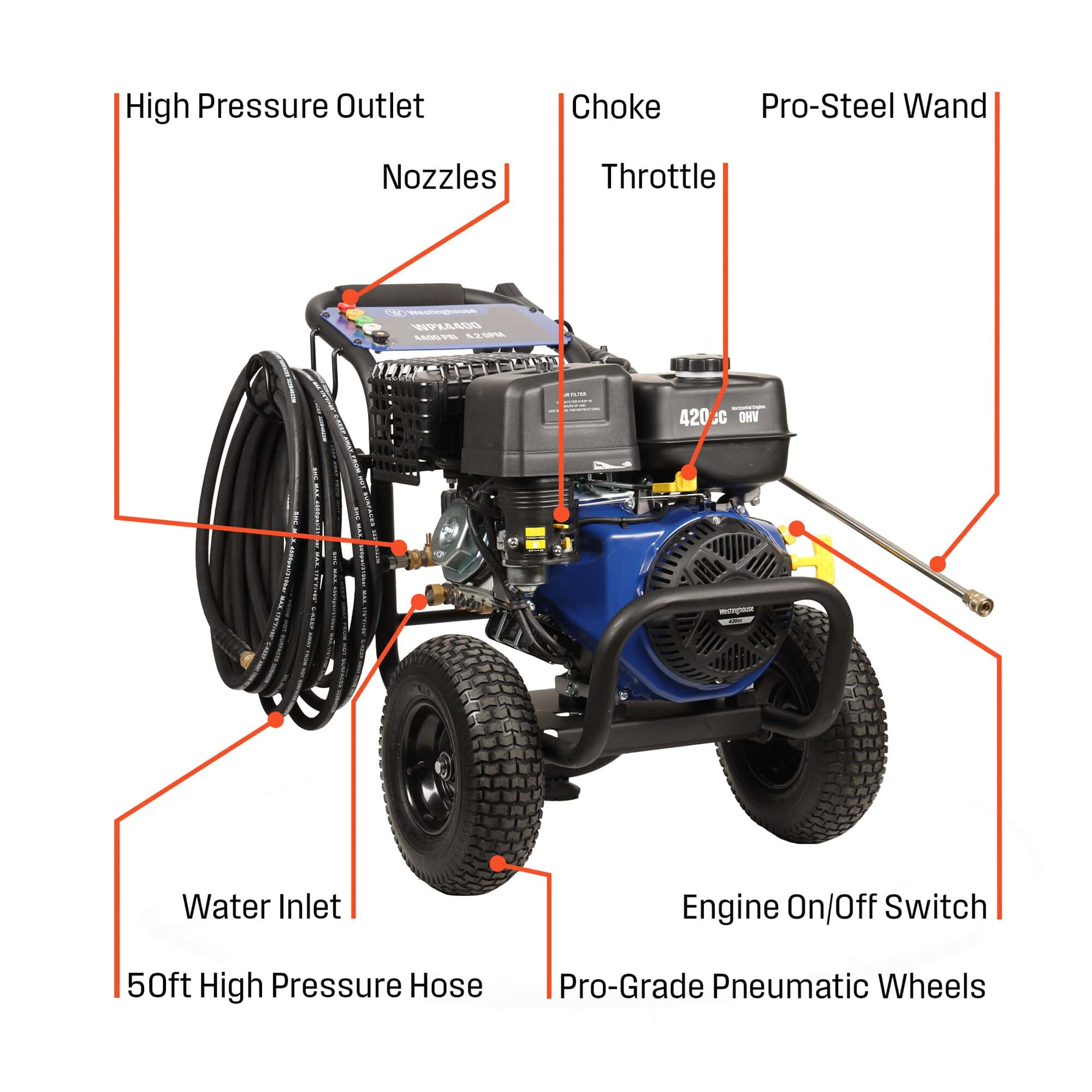 Westinghouse WPX4400 5 Included Nozzles Heavy Duty 4400 PSI 4.2-GPM Cold Water Gas Pressure Washer with 5 Spray Tips