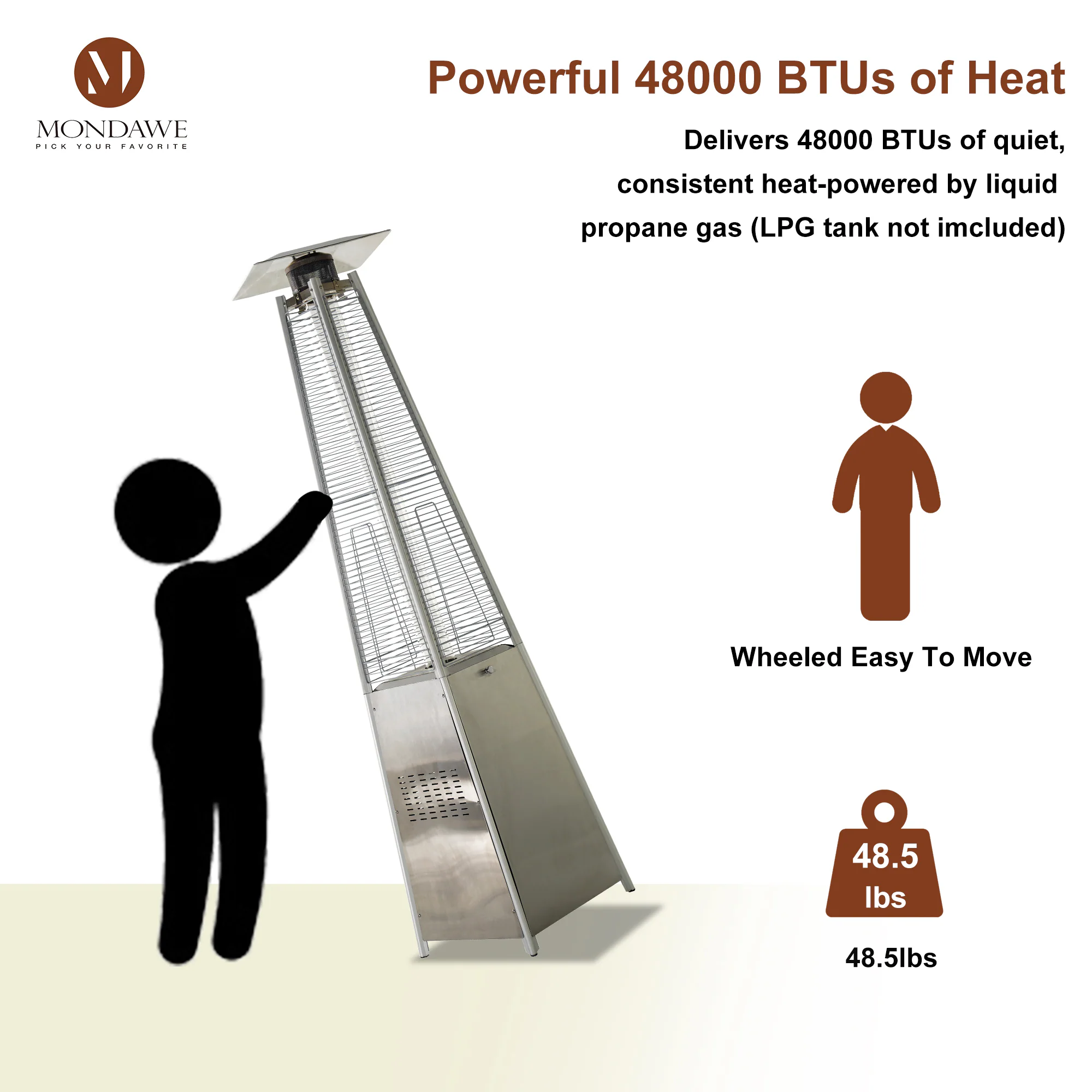Mondawe 48000-BTU Silver Stainless Steel Floorstanding Liquid Propane Patio Heater
