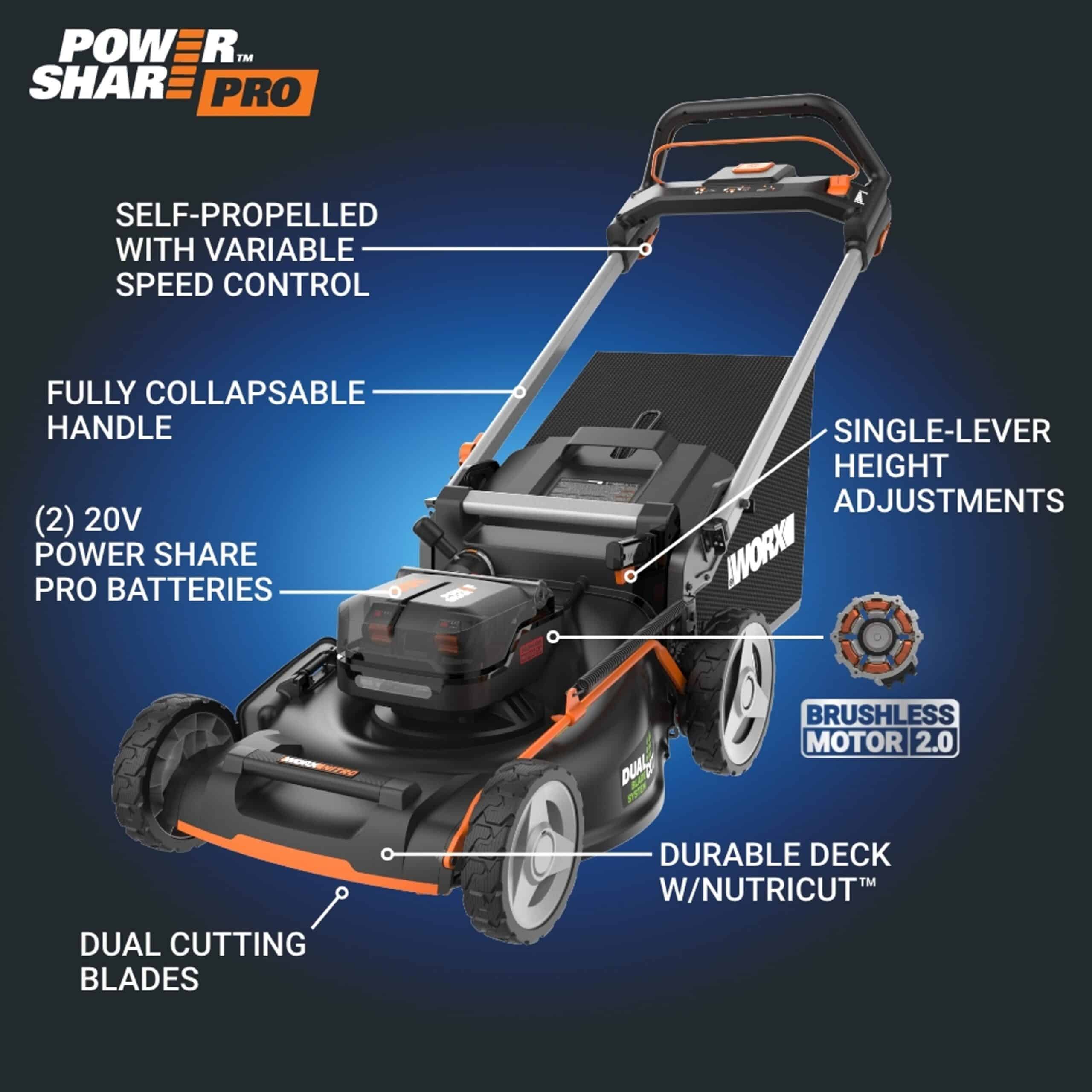 WORX Nitro Power Share Dual Blade 40-volt 21-in Cordless Self-propelled Lawn Mower 5 Ah (2-Batteries and Charger Included)