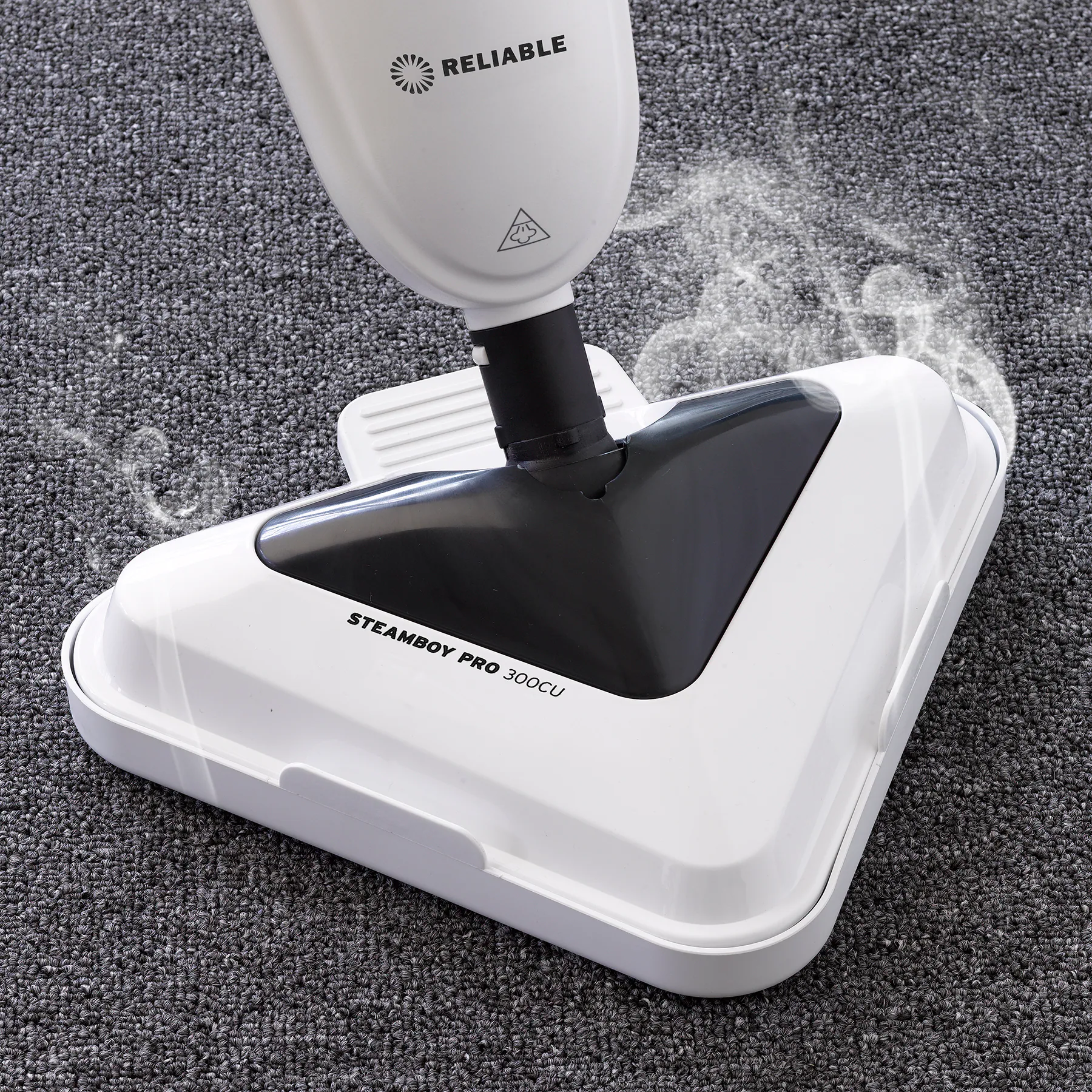 Reliable Steamboy Steam Mop with Scrubber Brush - White, 12-in Cleaning Path, 180 Swivel, Easy Press Foot Release