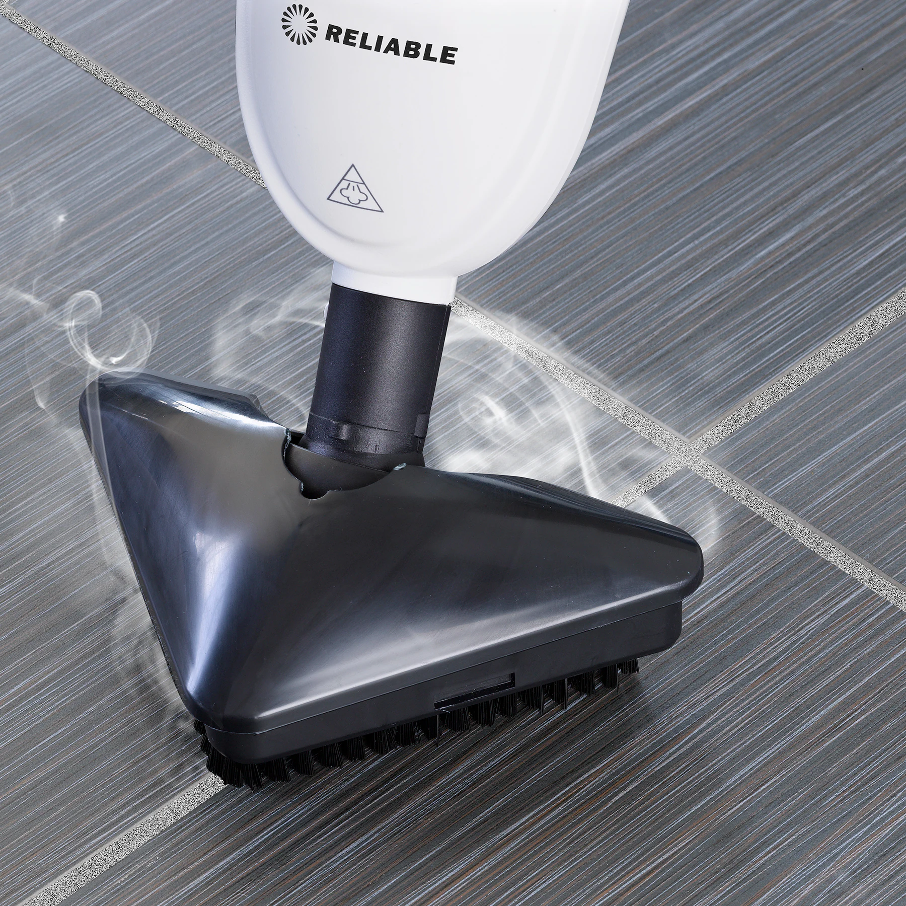 Reliable Steamboy Steam Mop with Scrubber Brush - White, 12-in Cleaning Path, 180 Swivel, Easy Press Foot Release