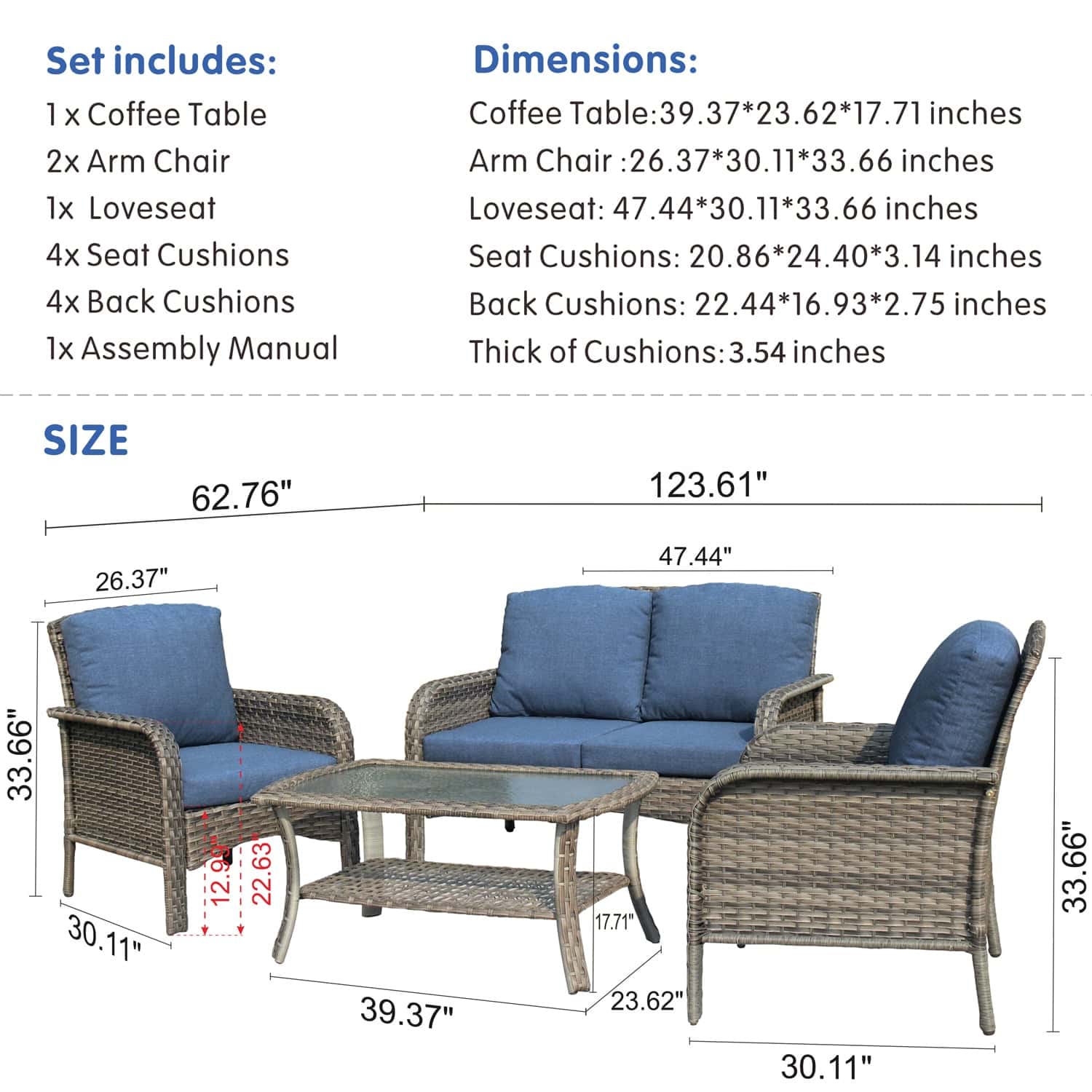 Ovios New Augtus 4-Piece Rattan Patio Conversation Set with Blue Cushions