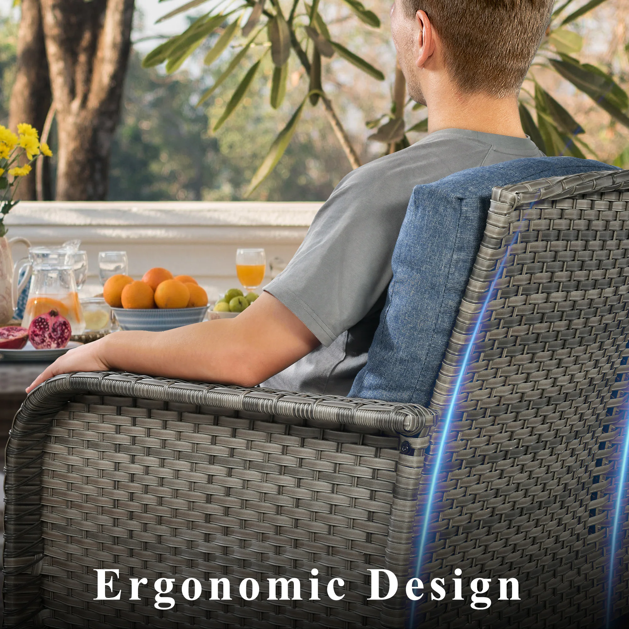 Ovios New Augtus 4-Piece Rattan Patio Conversation Set with Blue Cushions