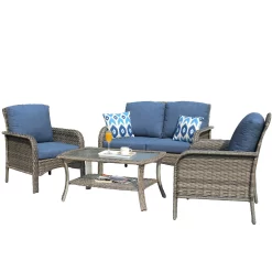Ovios New Augtus 4-Piece Rattan Patio Conversation Set with Blue Cushions