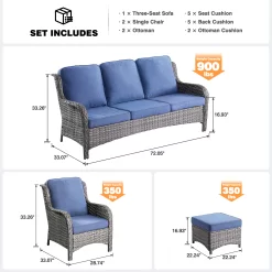 Ovios 5-Piece Rattan Patio Sofa Conversation Set with Blue Cushions