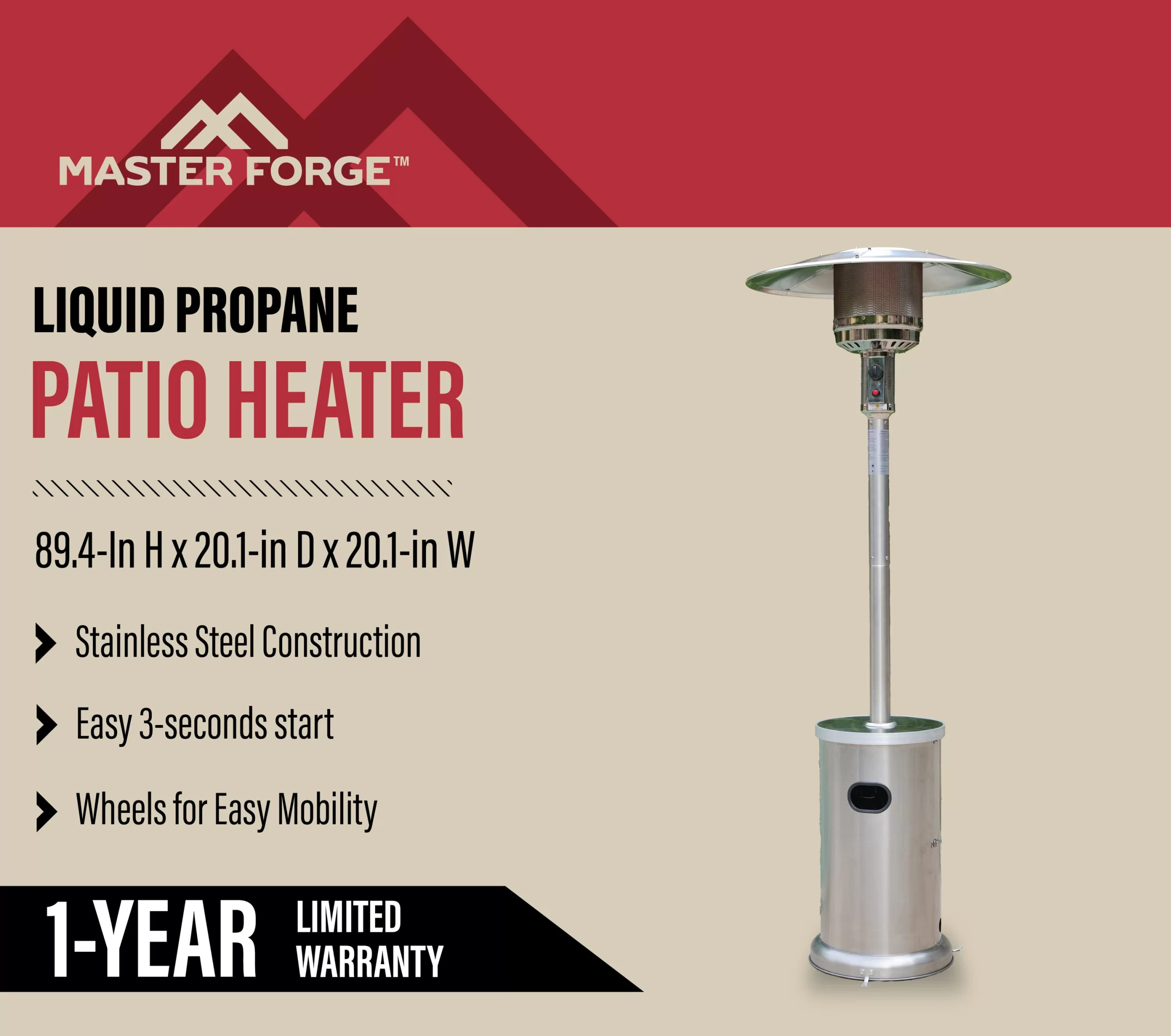Master Forge 48000-BTU Stainless Steel Stainless Steel Floorstanding Liquid Propane Patio Heater