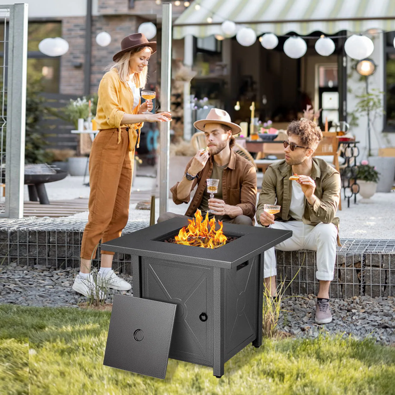 COWSAR 28-in W Black Stainless Steel Square Tabletop Propane Gas Fire Pit Table