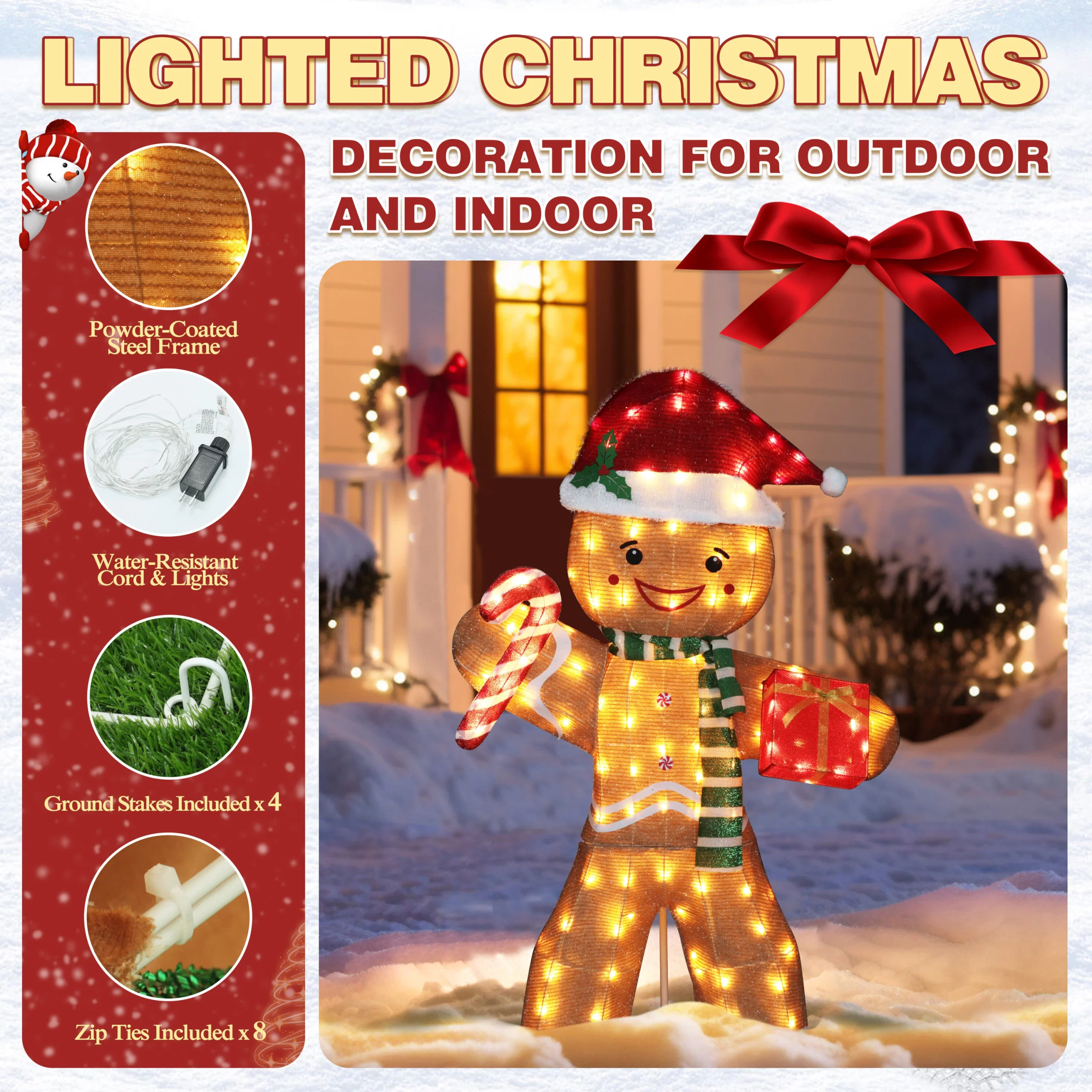 VEIKOUS 61.2-in Gingerbread Man Free Standing Decoration with White LED Lights