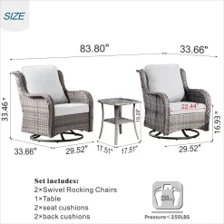 Ovios 2 Rattan Gray Wicker with Gray Cushions Metal Frame Swivel Rocking Chair with Gray Cushioned Seat