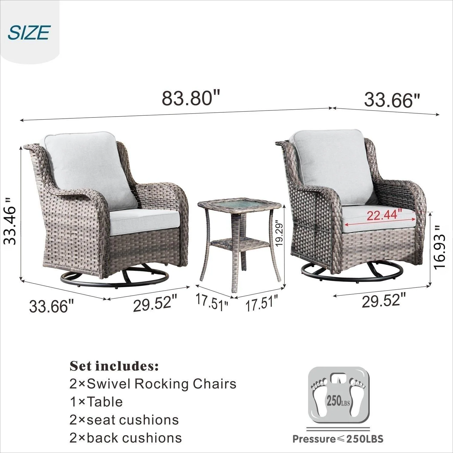 Ovios 2 Rattan Gray Wicker with Gray Cushions Metal Frame Swivel Rocking Chair with Gray Cushioned Seat
