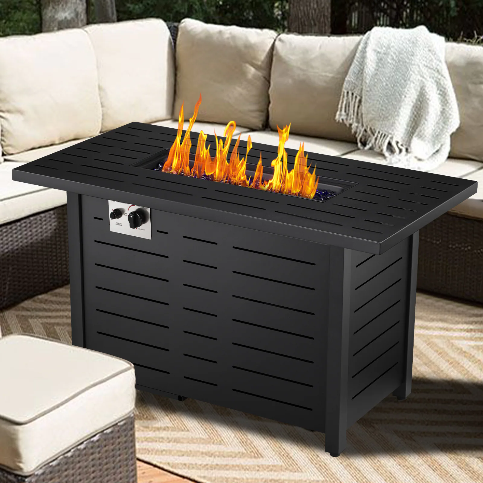 COWSAR 42.9-in W Black Stainless Steel Rectangle Tabletop Propane Gas Fire Pit Table