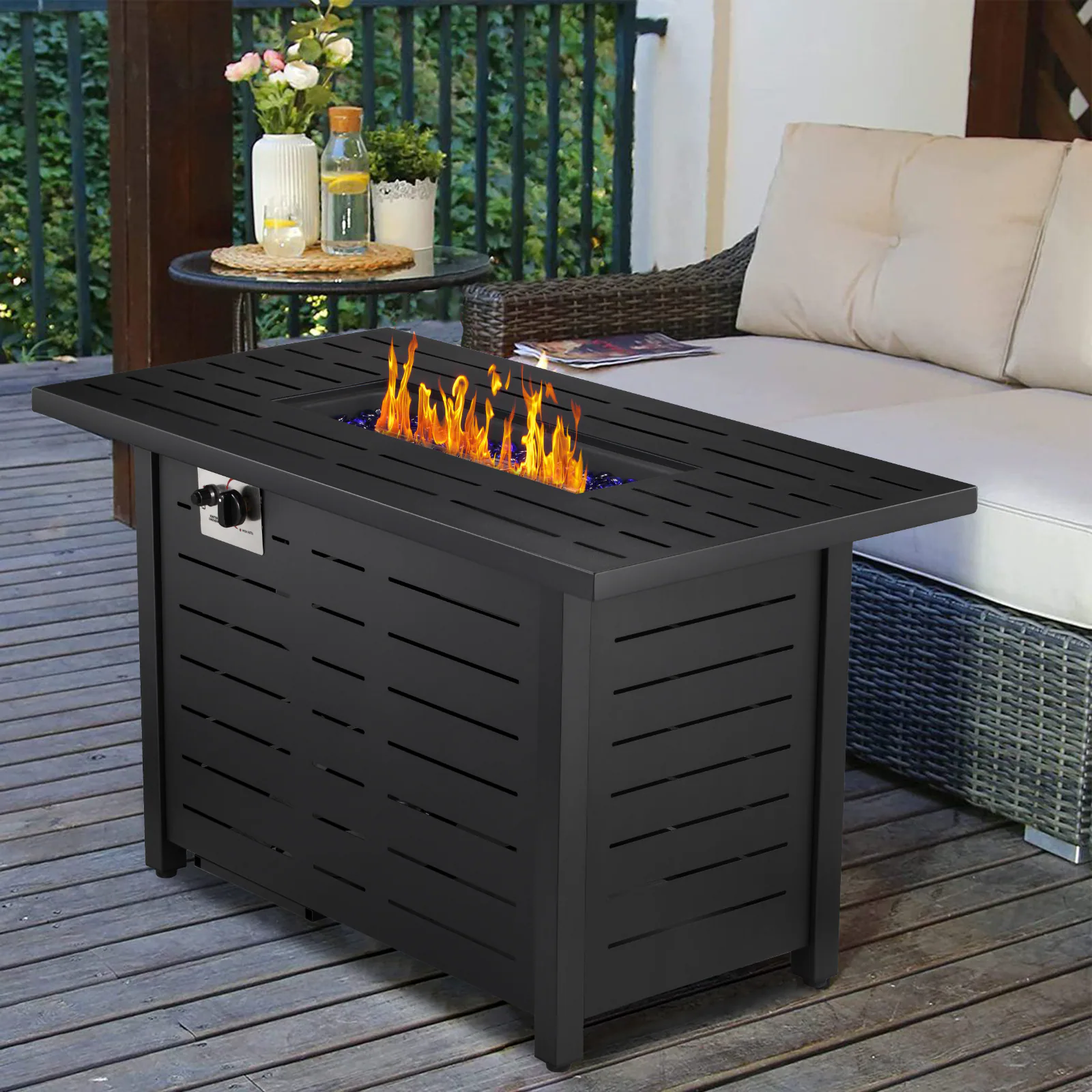 COWSAR 42.9-in W Black Stainless Steel Rectangle Tabletop Propane Gas Fire Pit Table