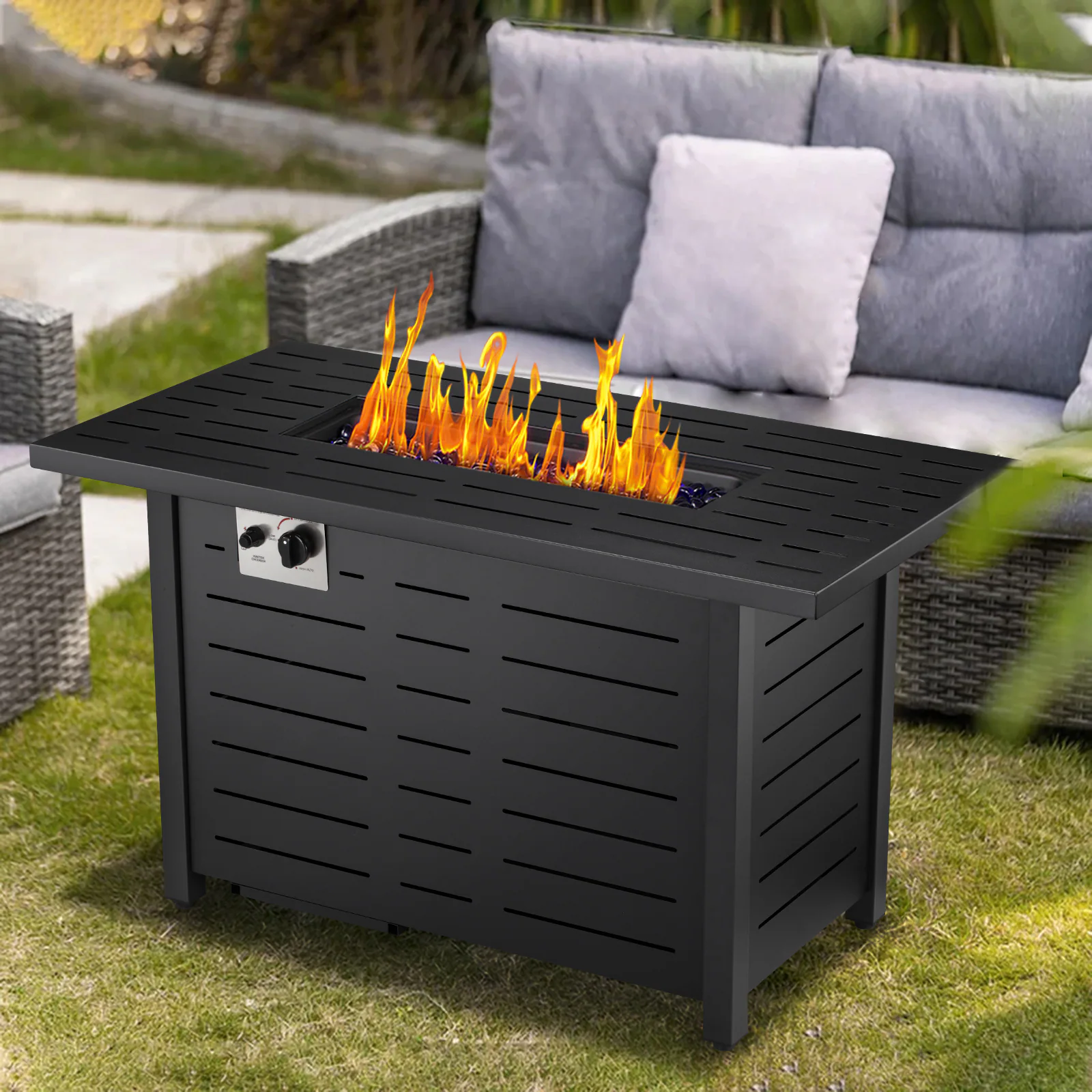 COWSAR 42.9-in W Black Stainless Steel Rectangle Tabletop Propane Gas Fire Pit Table