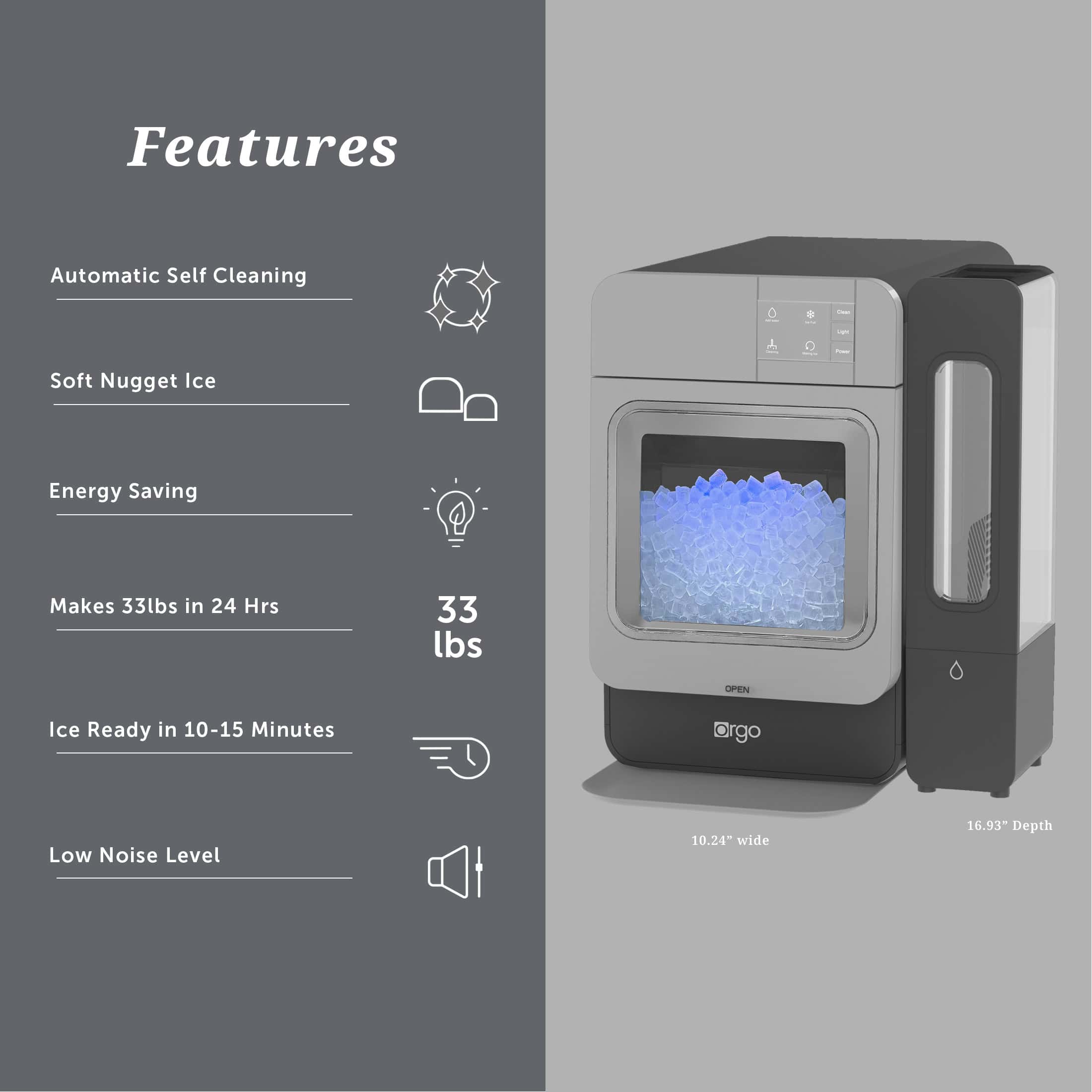Orgo Products The Sonic Countertop Ice Maker, Nugget Ice Types, 33 lbs of Ice, Charcoal