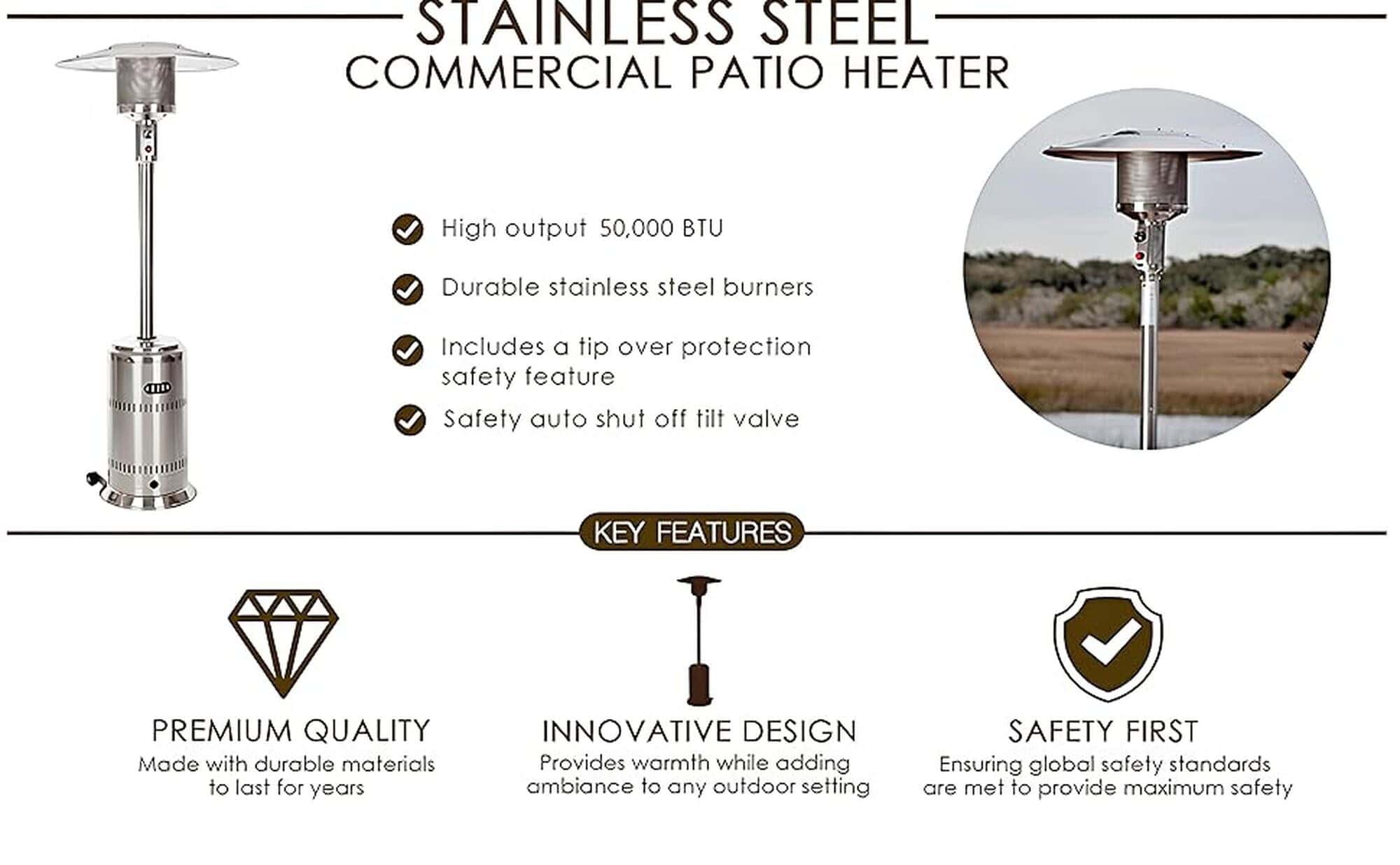 Fire Sense 46000-BTU Silver Stainless Steel Floorstanding Liquid Propane Patio Heater