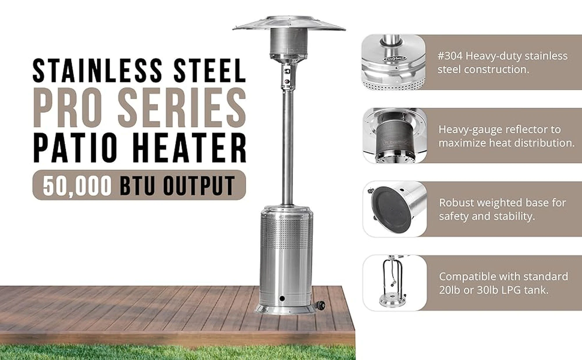 Fire Sense 46000-BTU Silver Stainless Steel Floorstanding Liquid Propane Patio Heater
