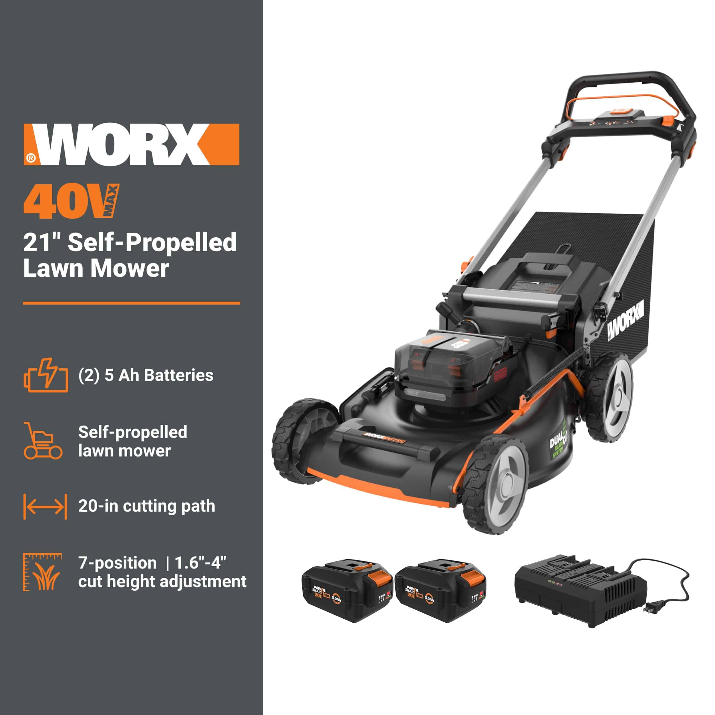 WORX Nitro Power Share Dual Blade 40-volt 21-in Cordless Self-propelled Lawn Mower 5 Ah (2-Batteries and Charger Included)