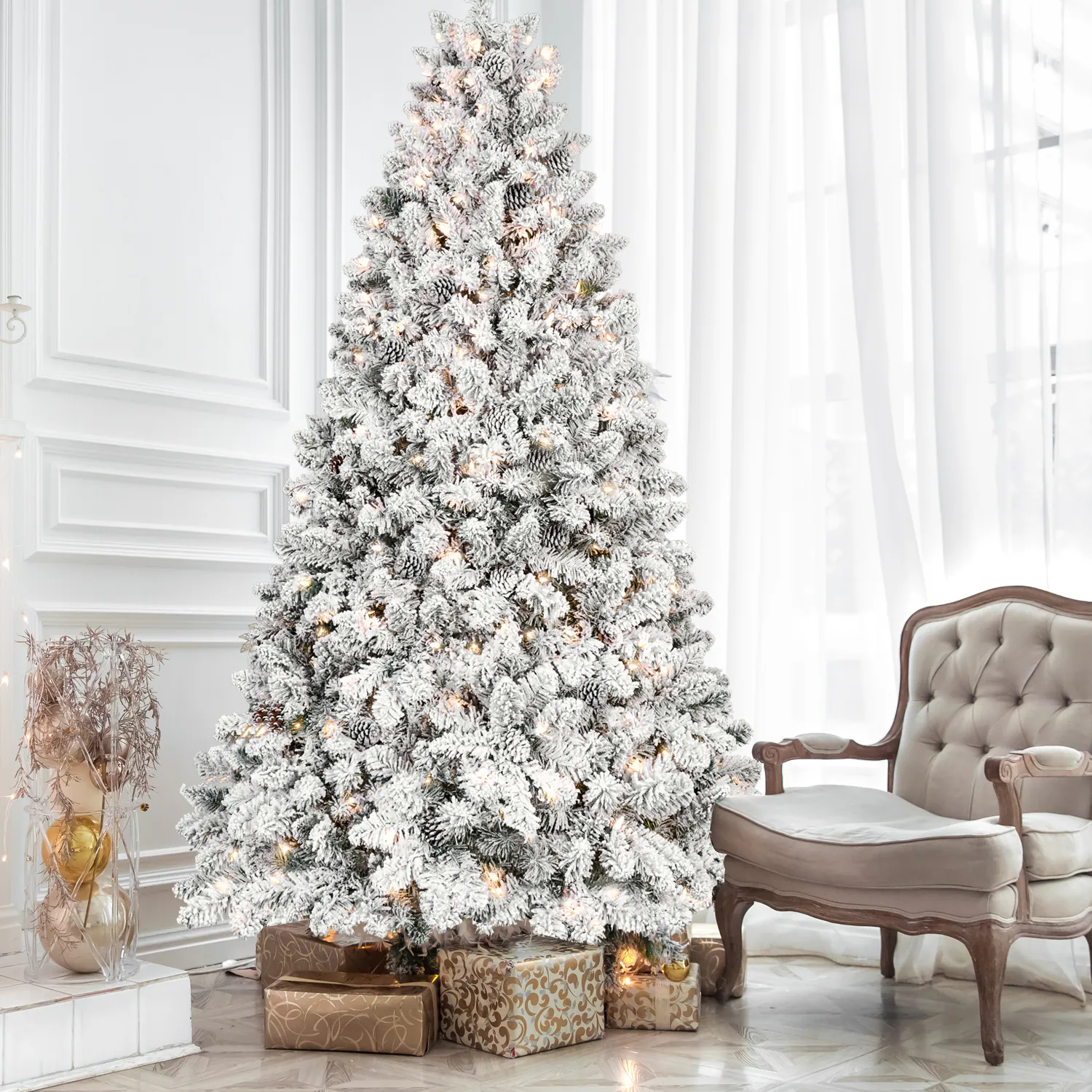 AAZJ 7.5-ft Pencil Flocked White Artificial Christmas Tree