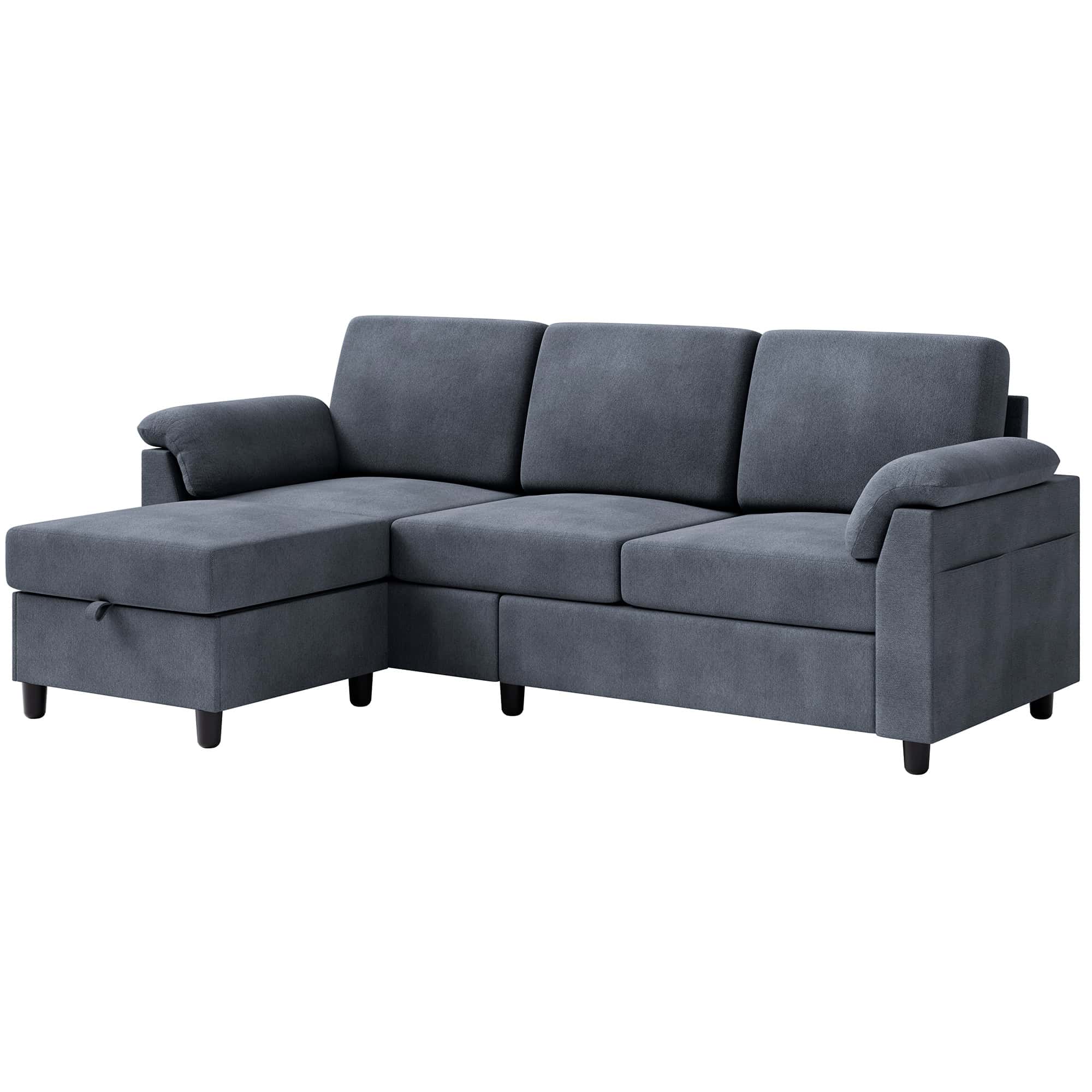 Walsunny 79" Convertible Sectional Sofa Couch With Ottoman, Linen Fabric L Shaped Sofa with Removable Pillows Dark Gray