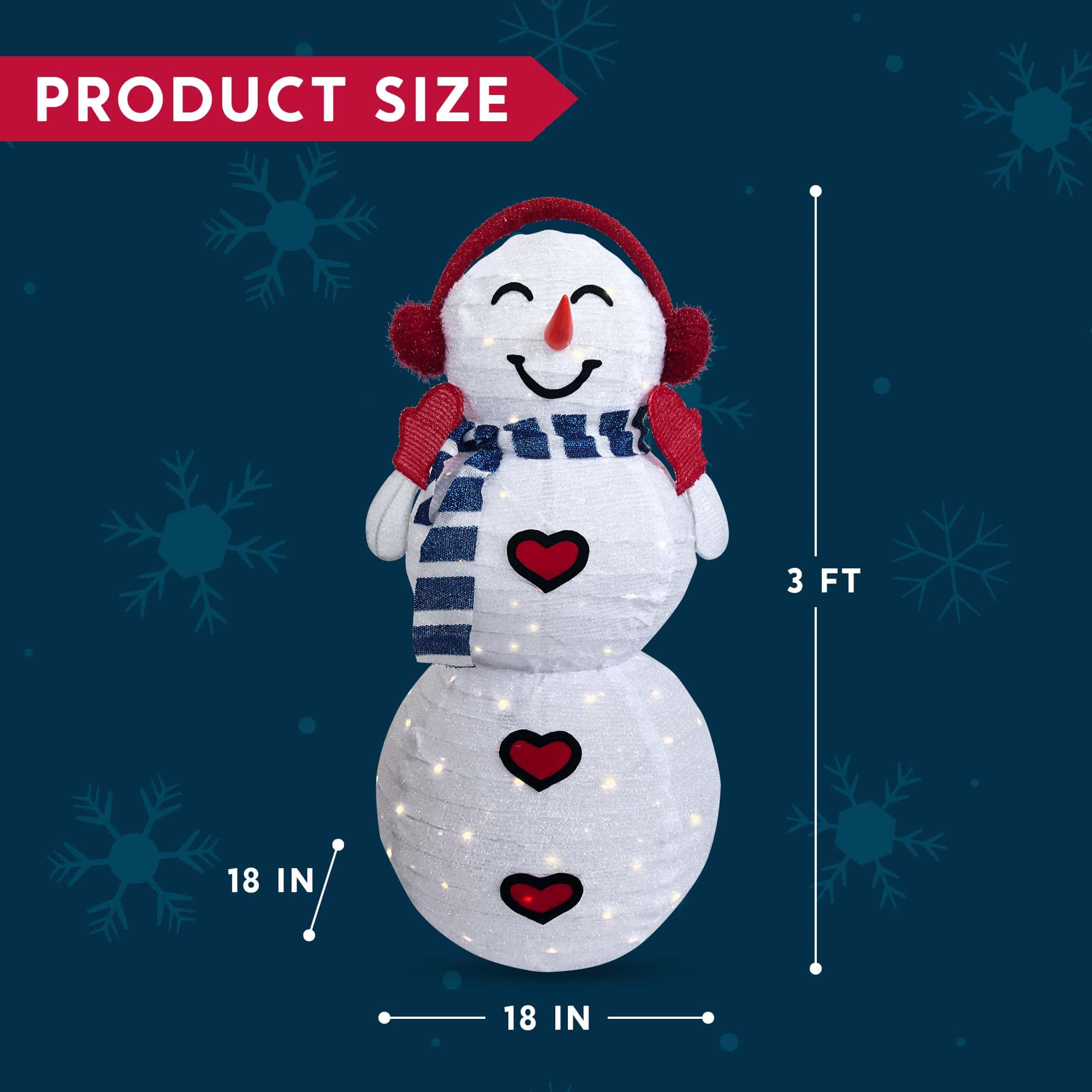JOIEDOMI 3FT 3D Christmas Collapsible Snowman with Earmuff Yard Light Decorations 120 Pre-Lit LED Warm White Lights