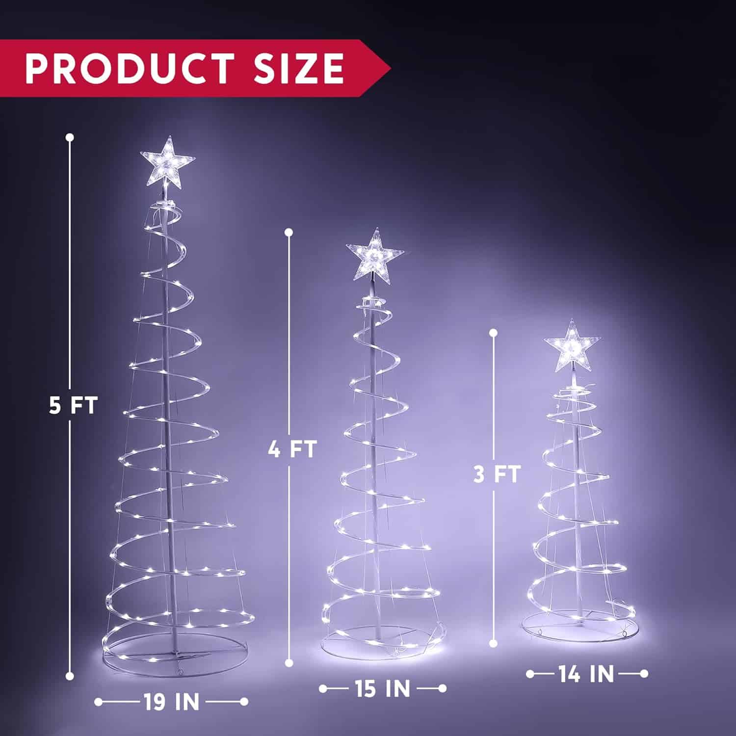 JOIEDOMI 3 Packs Christmas Spiral Tree Yard Light 218 Pre-Lit LED Cool White Lights with Metal Stakes