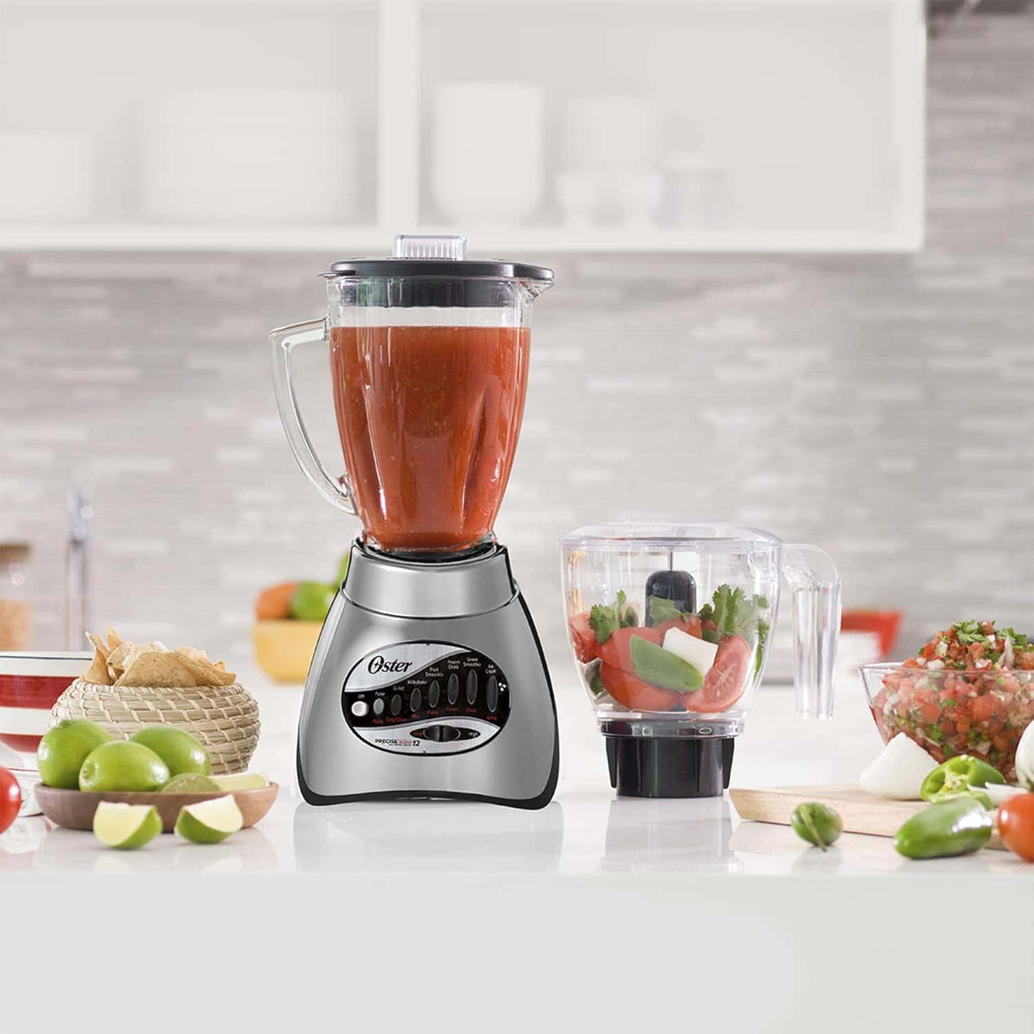 Oster Classic Series 16 Speed Blender with Food Chopper and Glass Jar, Brushed Nickel
