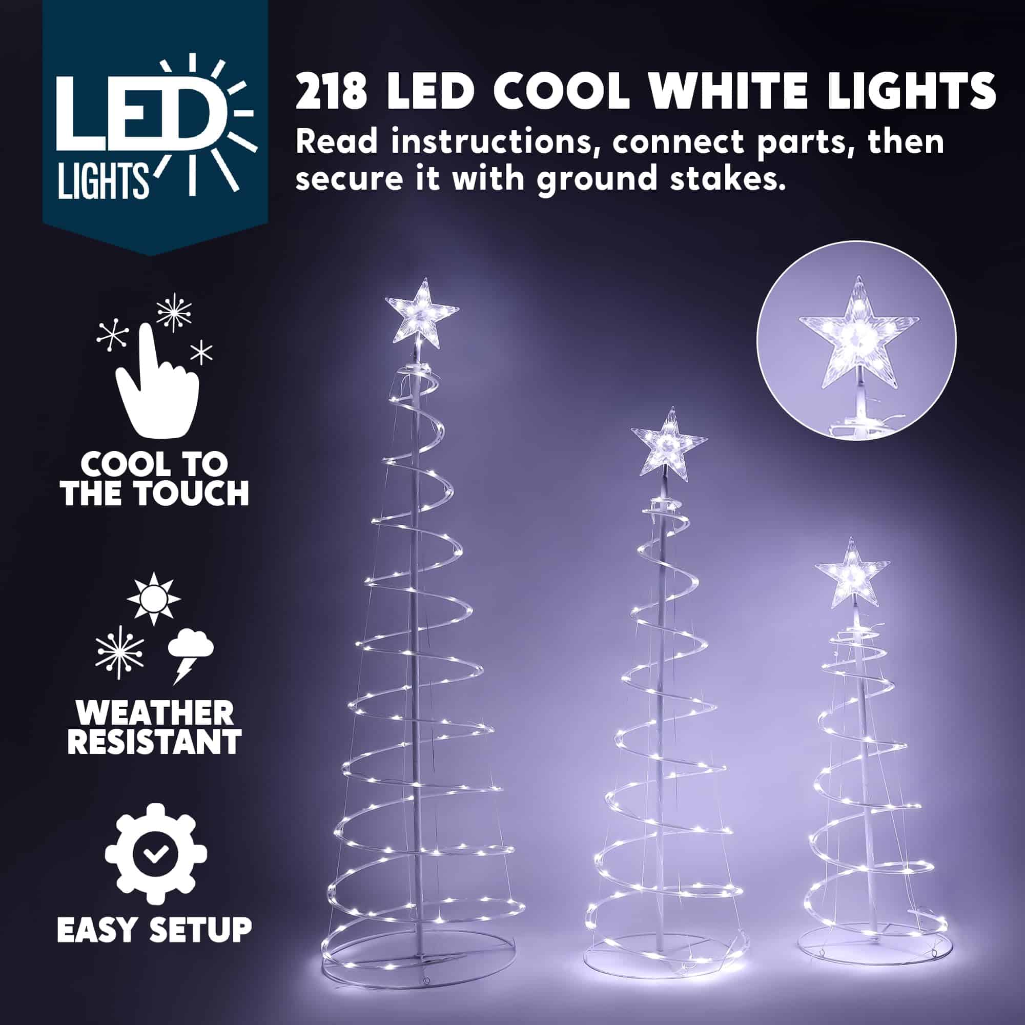 JOIEDOMI 3 Packs Christmas Spiral Tree Yard Light 218 Pre-Lit LED Cool White Lights with Metal Stakes