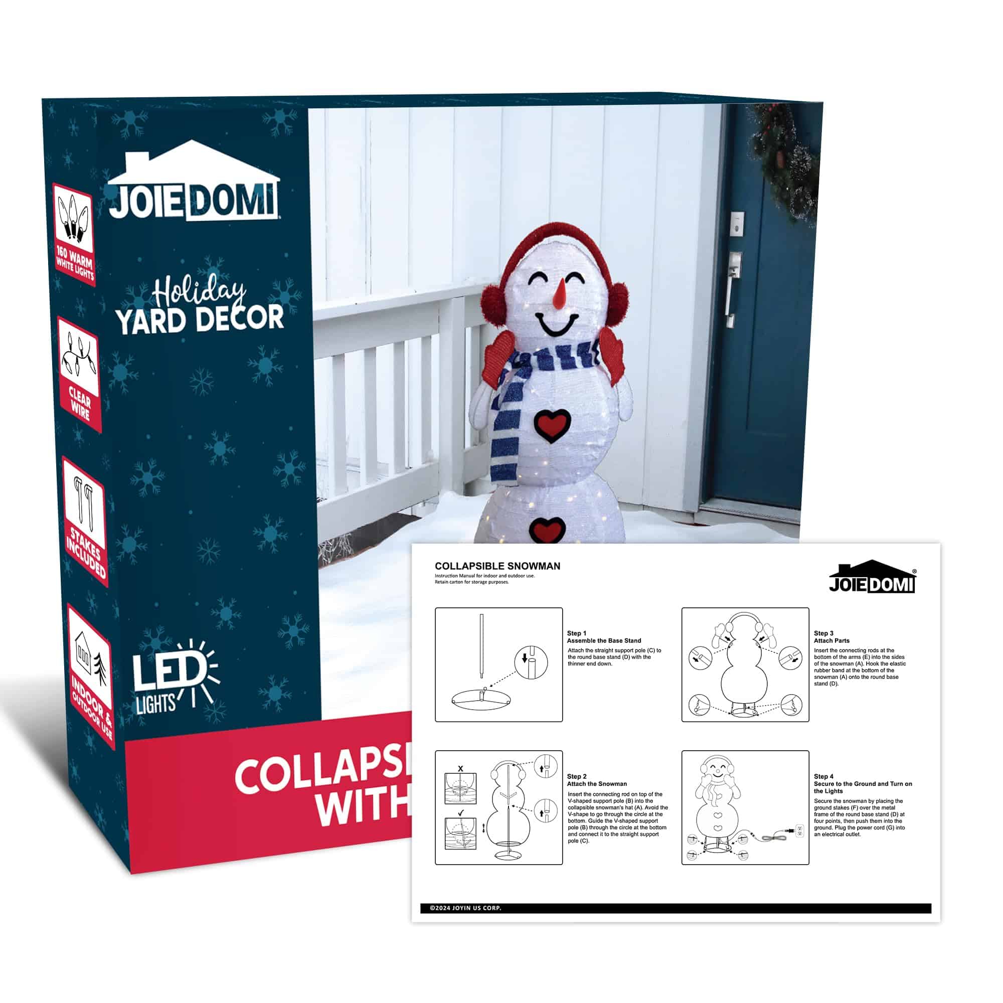 JOIEDOMI 3FT 3D Christmas Collapsible Snowman with Earmuff Yard Light Decorations 120 Pre-Lit LED Warm White Lights