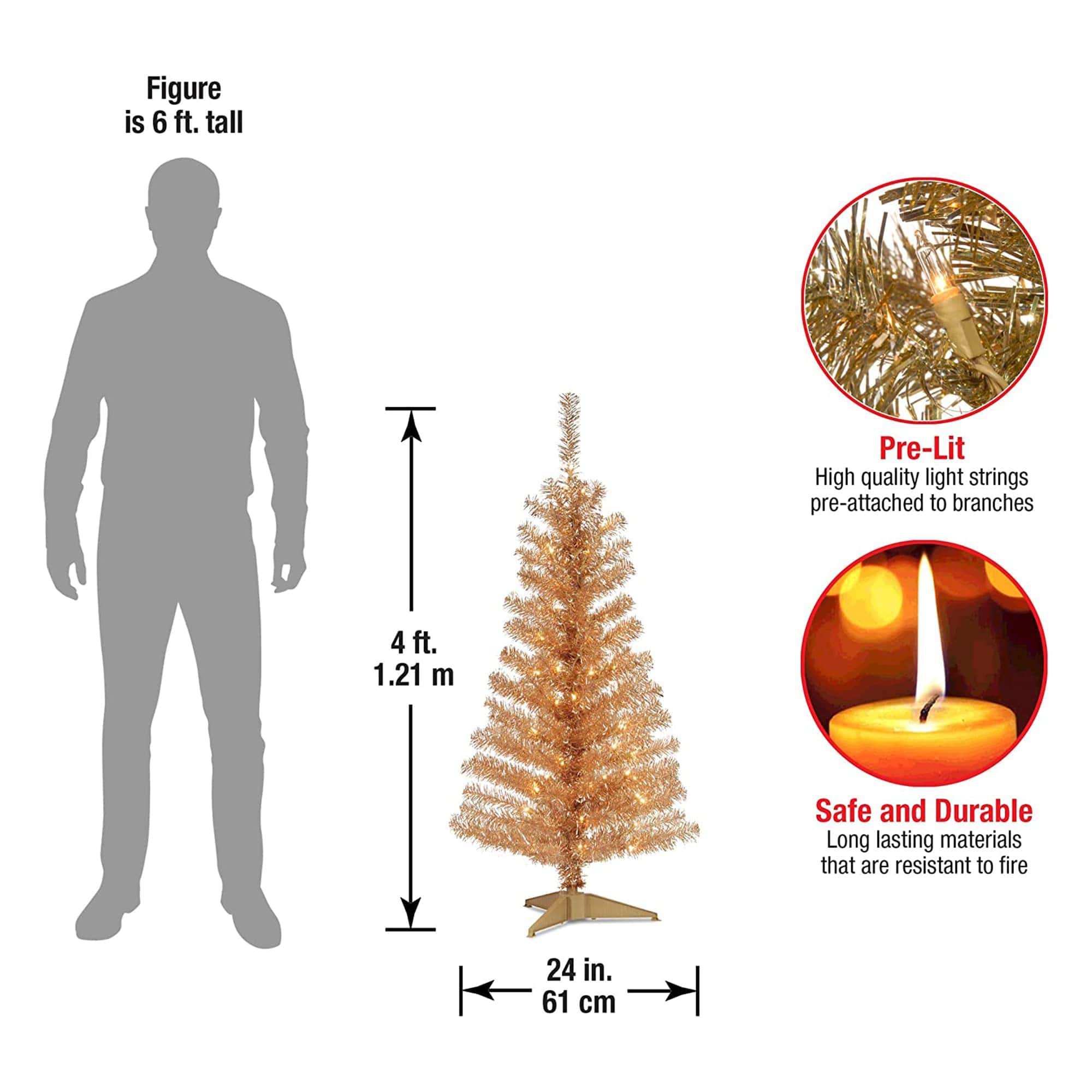 National Tree Company Pre-Lit Artificial Christmas Tree, Champagne Gold Tinsel, White Lights, Includes Stand, 4 feet