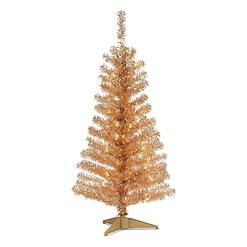National Tree Company Pre-Lit Artificial Christmas Tree, Champagne Gold Tinsel, White Lights, Includes Stand, 4 feet