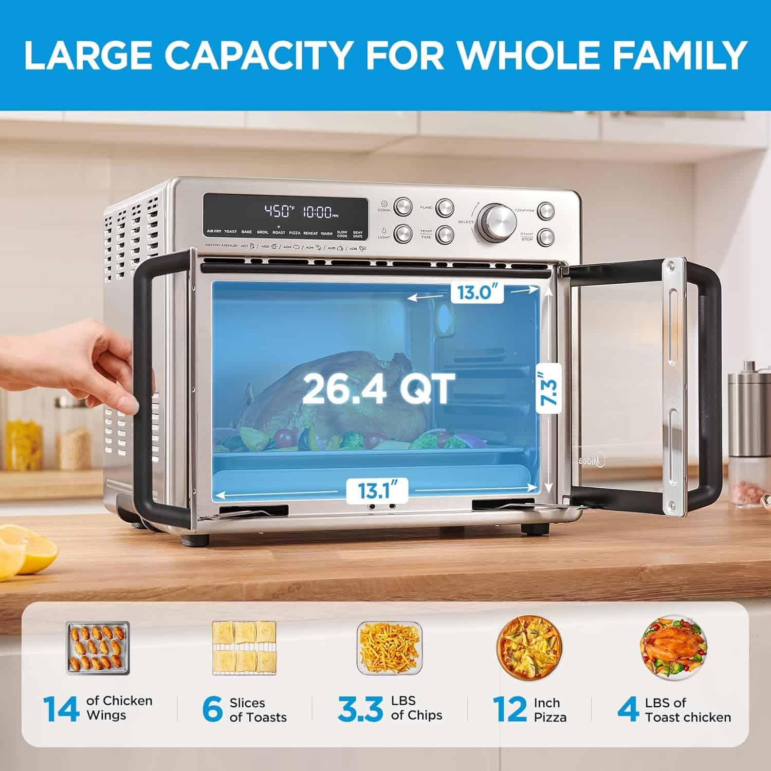 Midea Flexify French Door Toaster Oven Air Fryer Combo, 26.4 QT, Extra Large Air Fryer Countertop Oven 10-in-1 Combo, Stainless Steel