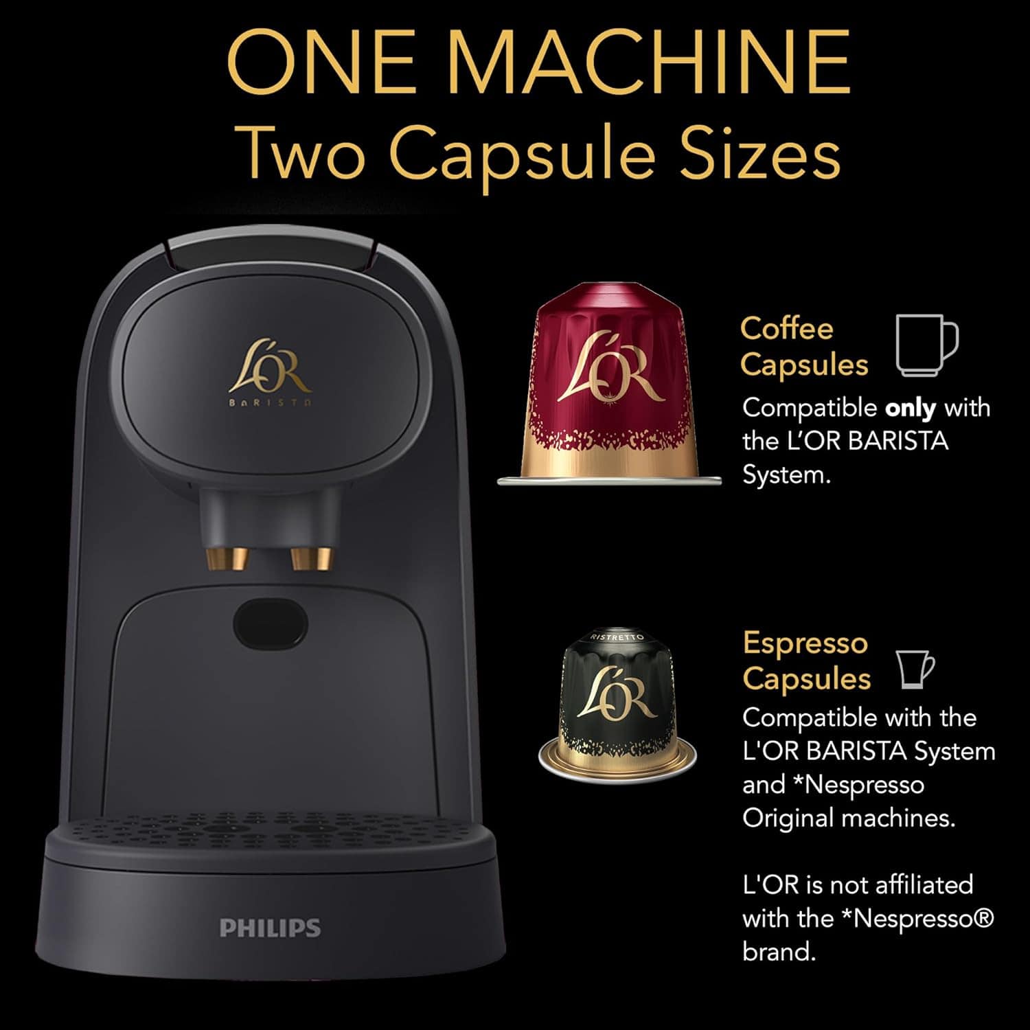 L'OR Barista System Coffee and Espresso Machine Combo with Frother, Matte Black